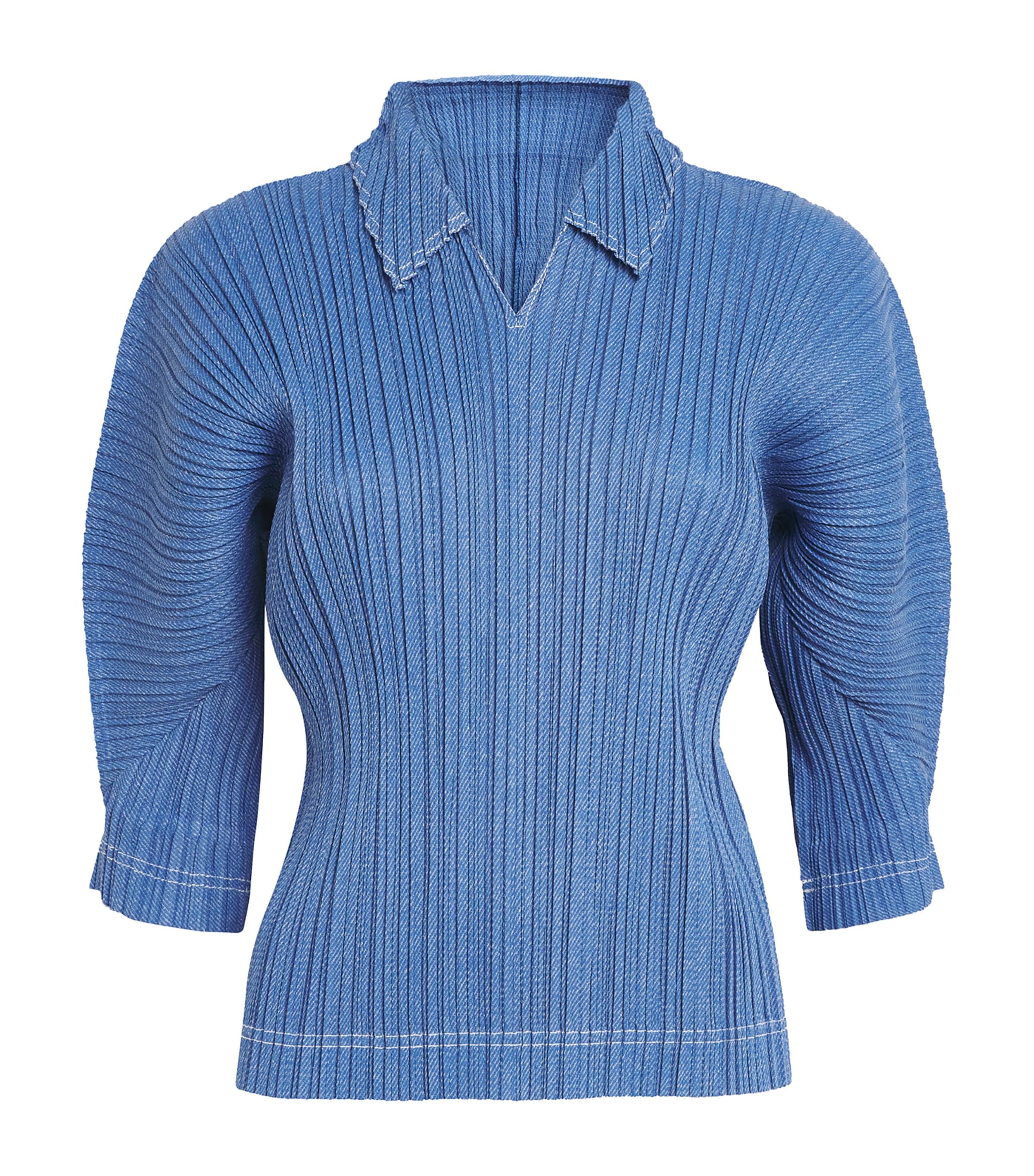 Pleats Please Issey Miyake Womens Cotton Denim Collared Top Blue