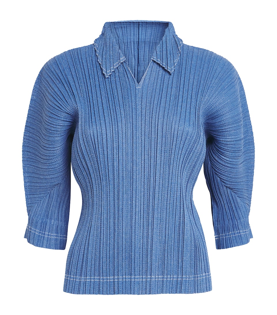 Pleats Please Issey Miyake Womens Cotton Denim Collared Top Blue