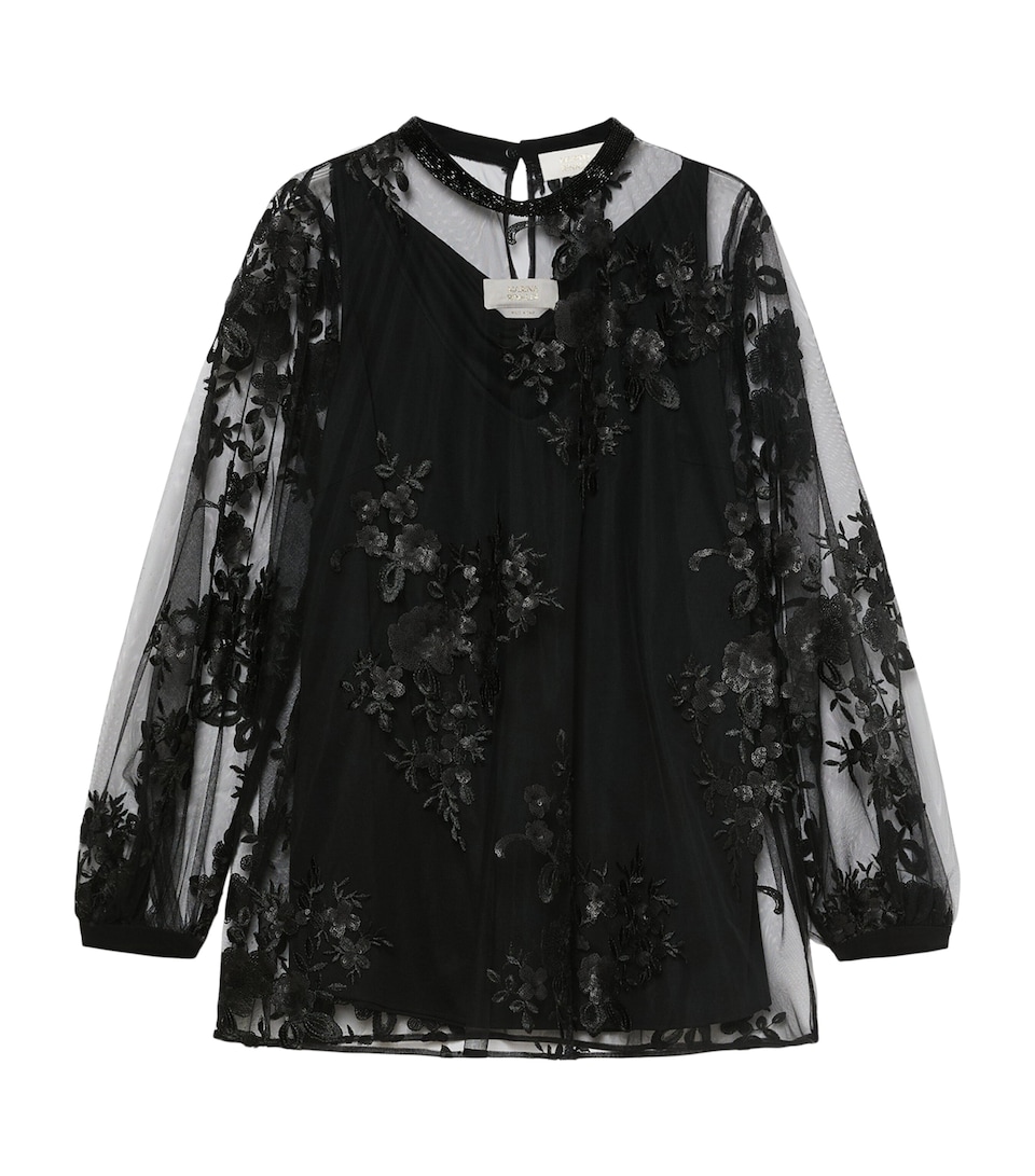 Marina Rinaldi Womens Embellished Sheer Layered Blouse Black