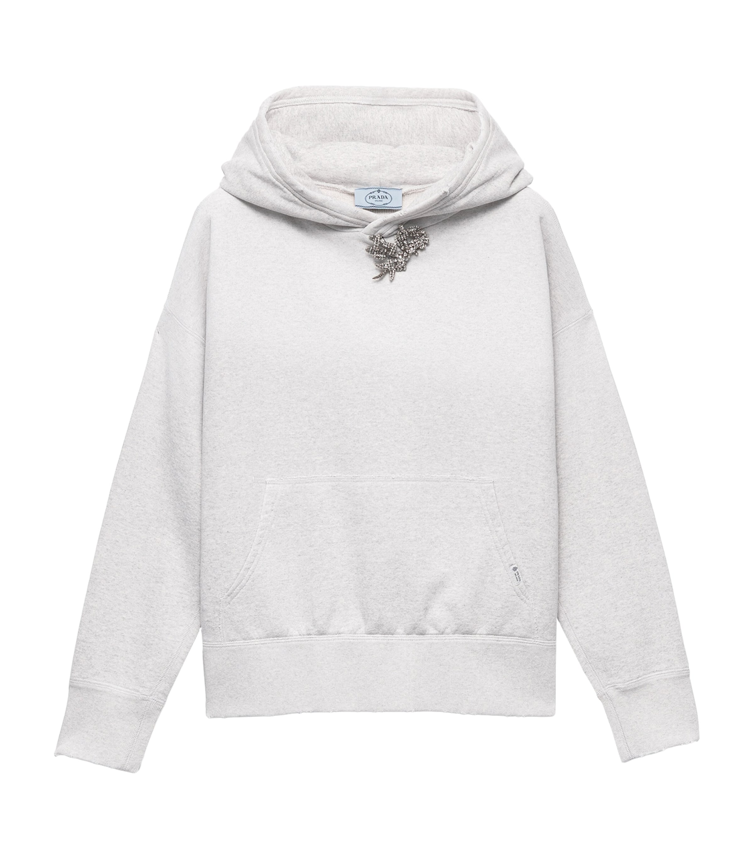 Prada Womens Cotton Fleece Hoodie with Jewelled Brooch Grey