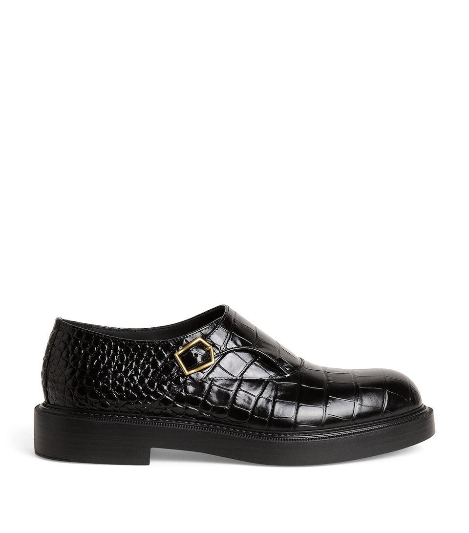 Croc-Embossed Leather Monk Shoes