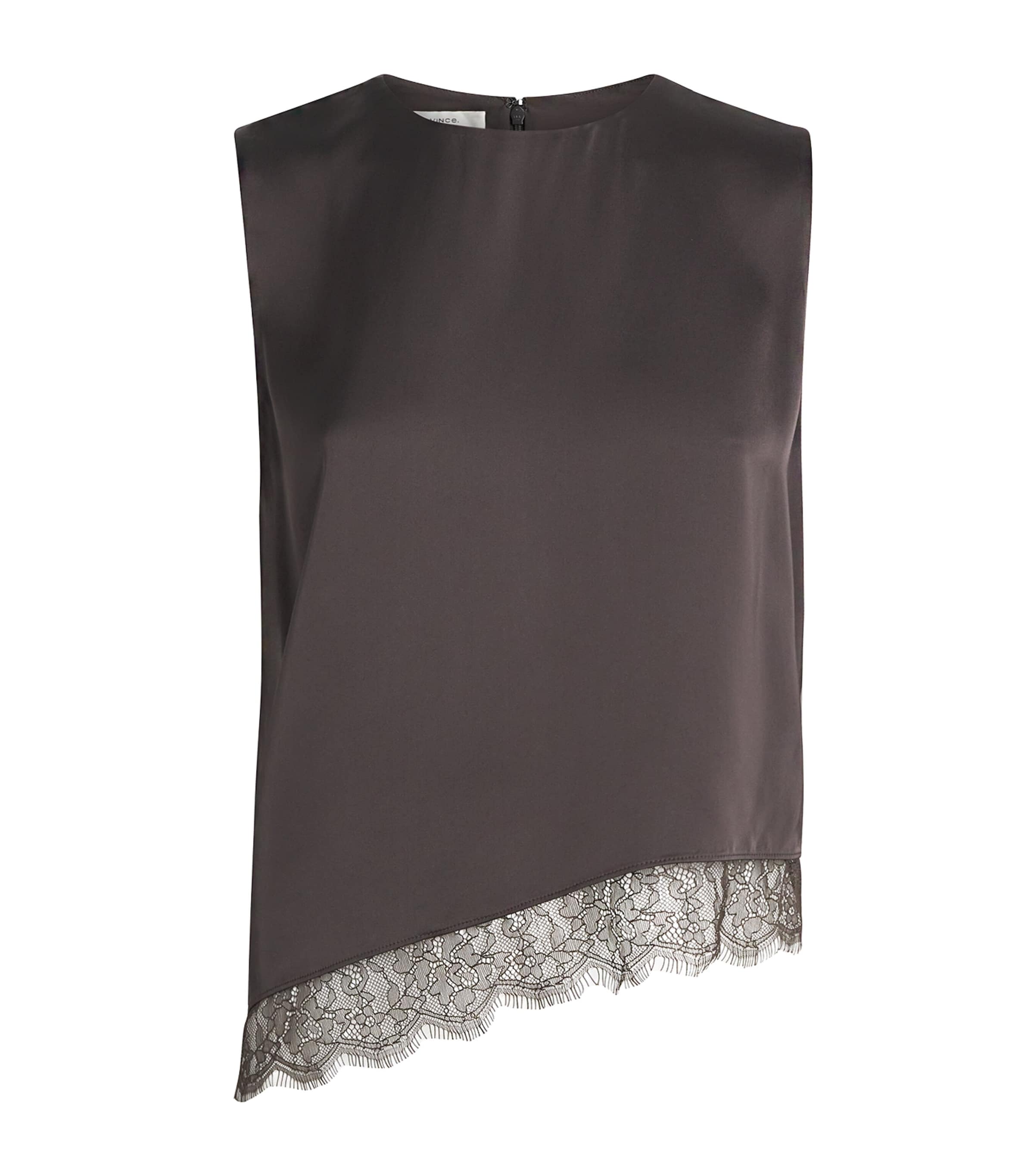 Vince Womens Lace-Trim Asymmetric-Hem Top Iron