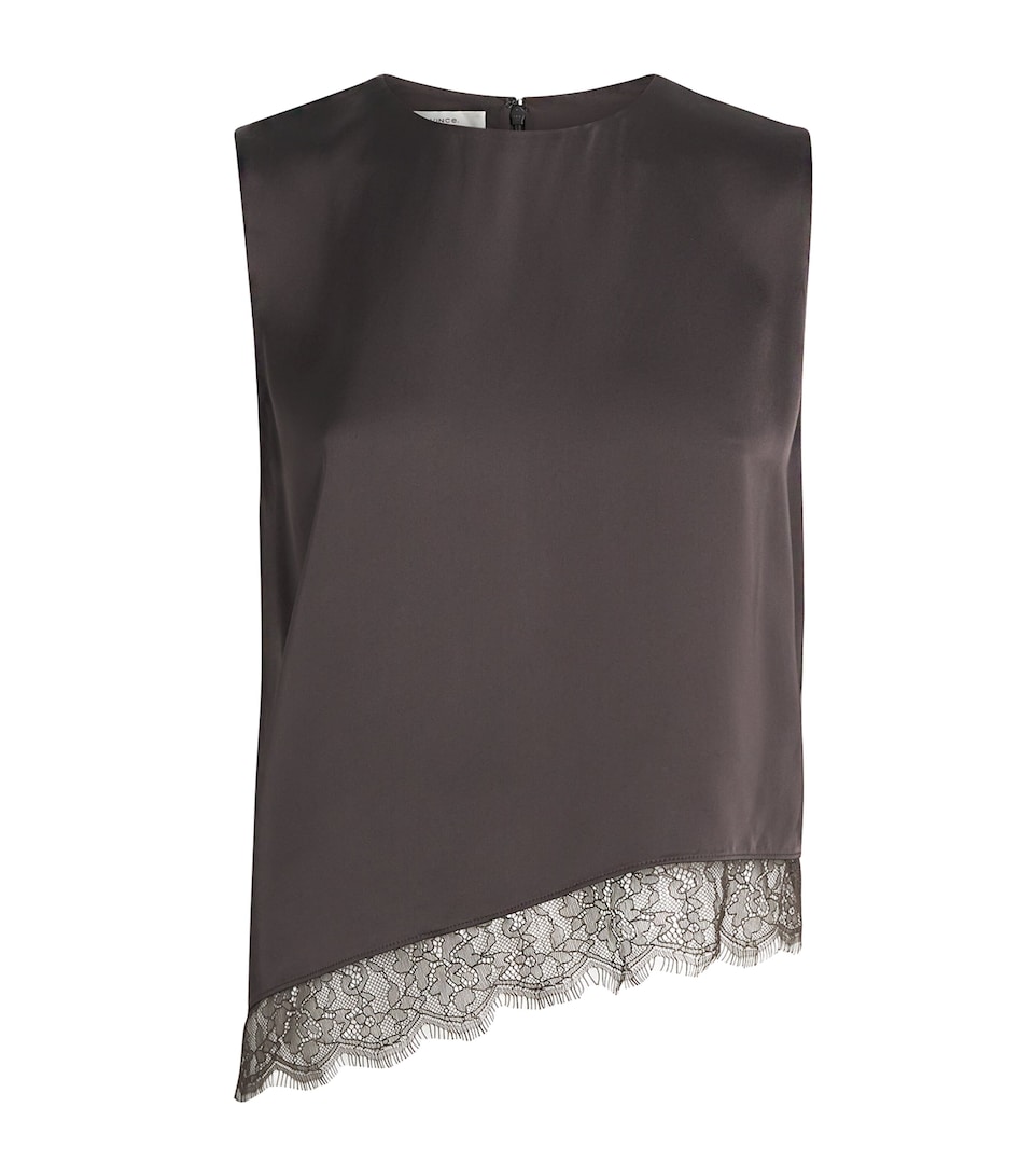 Vince Womens Lace-Trim Asymmetric-Hem Top Iron