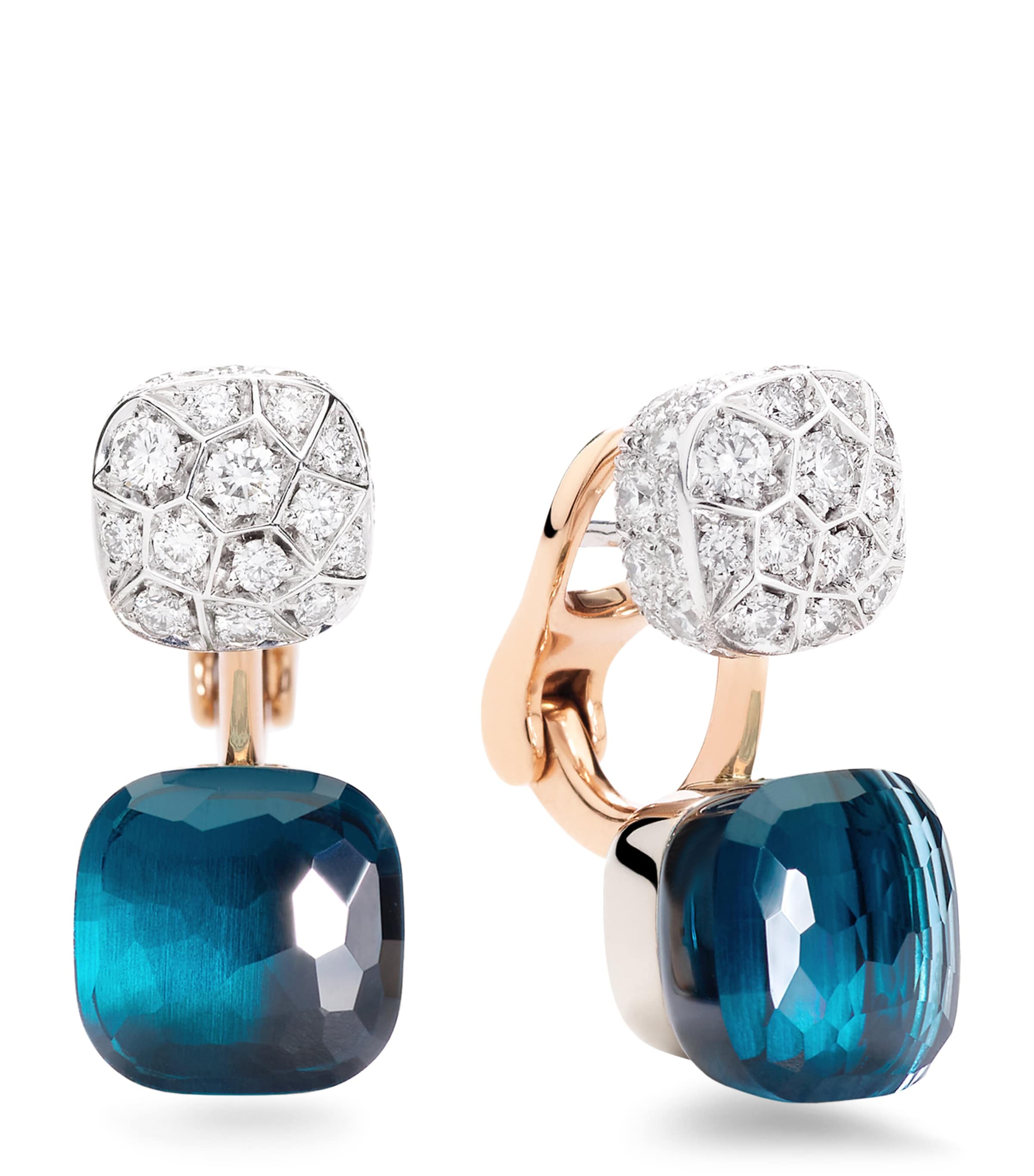 Mixed Gold, Blue Topaz and Diamond Nudo Earrings