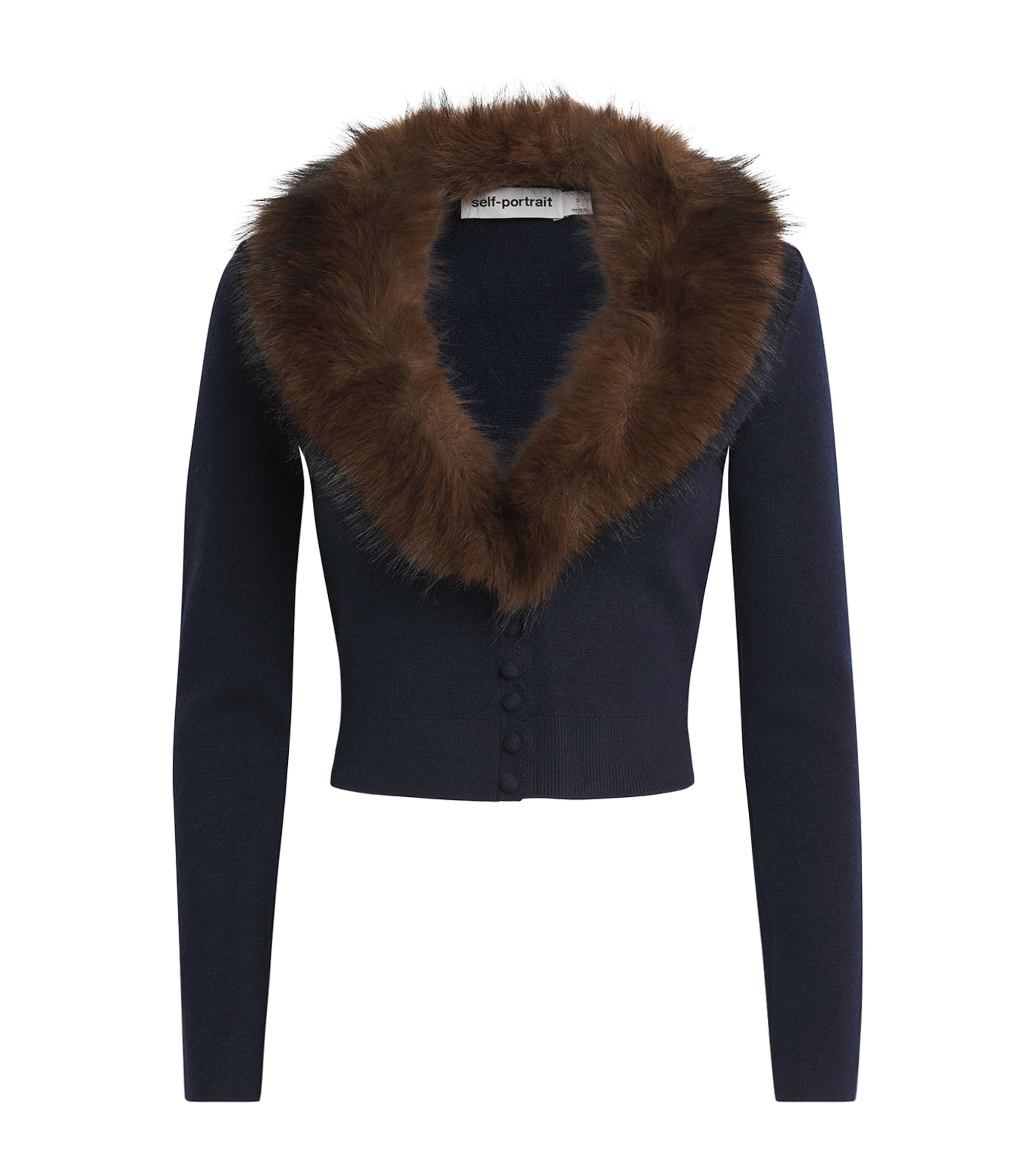 Self-Portrait Womens Cropped Faux Fur-Trim Cardigan Navy
