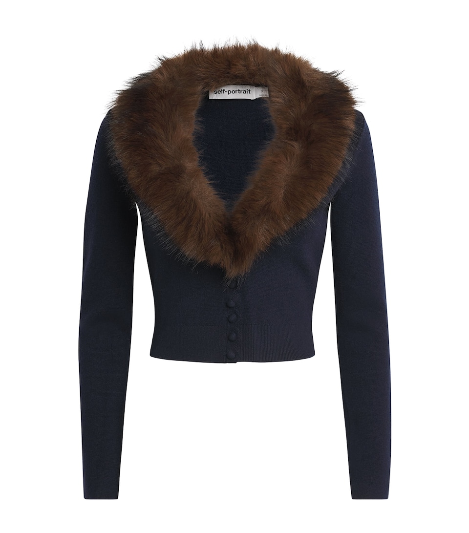 Self-Portrait Womens Cropped Faux Fur-Trim Cardigan Navy