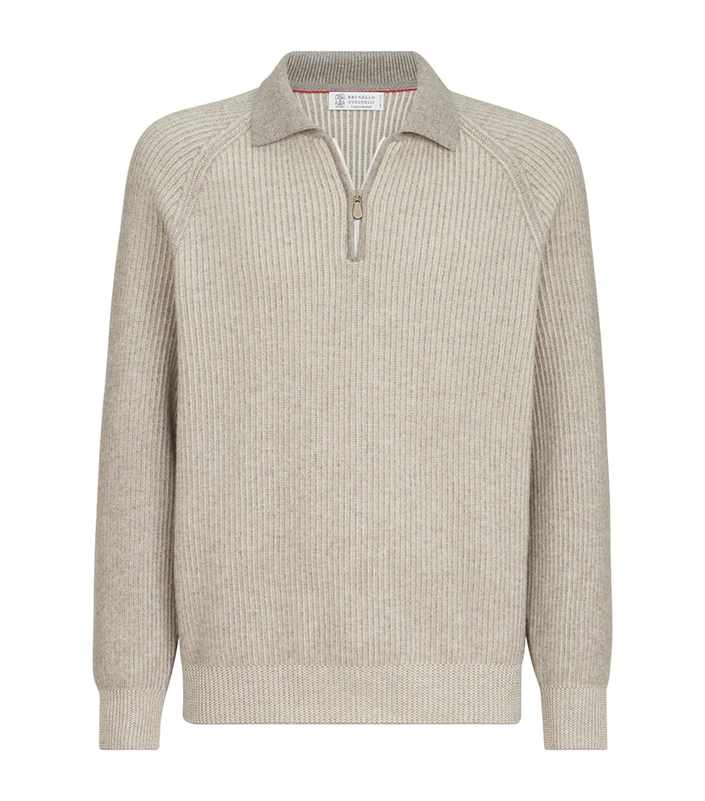 Brunello Cucinelli Mens Cashmere Ribbed Quarter-Zip Sweater Stone