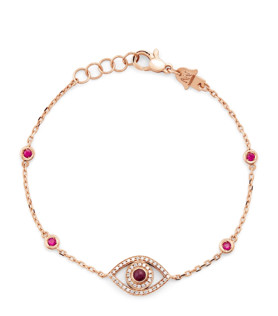 Rose Gold, Diamond and Ruby Mini Evil Eye Bracelet