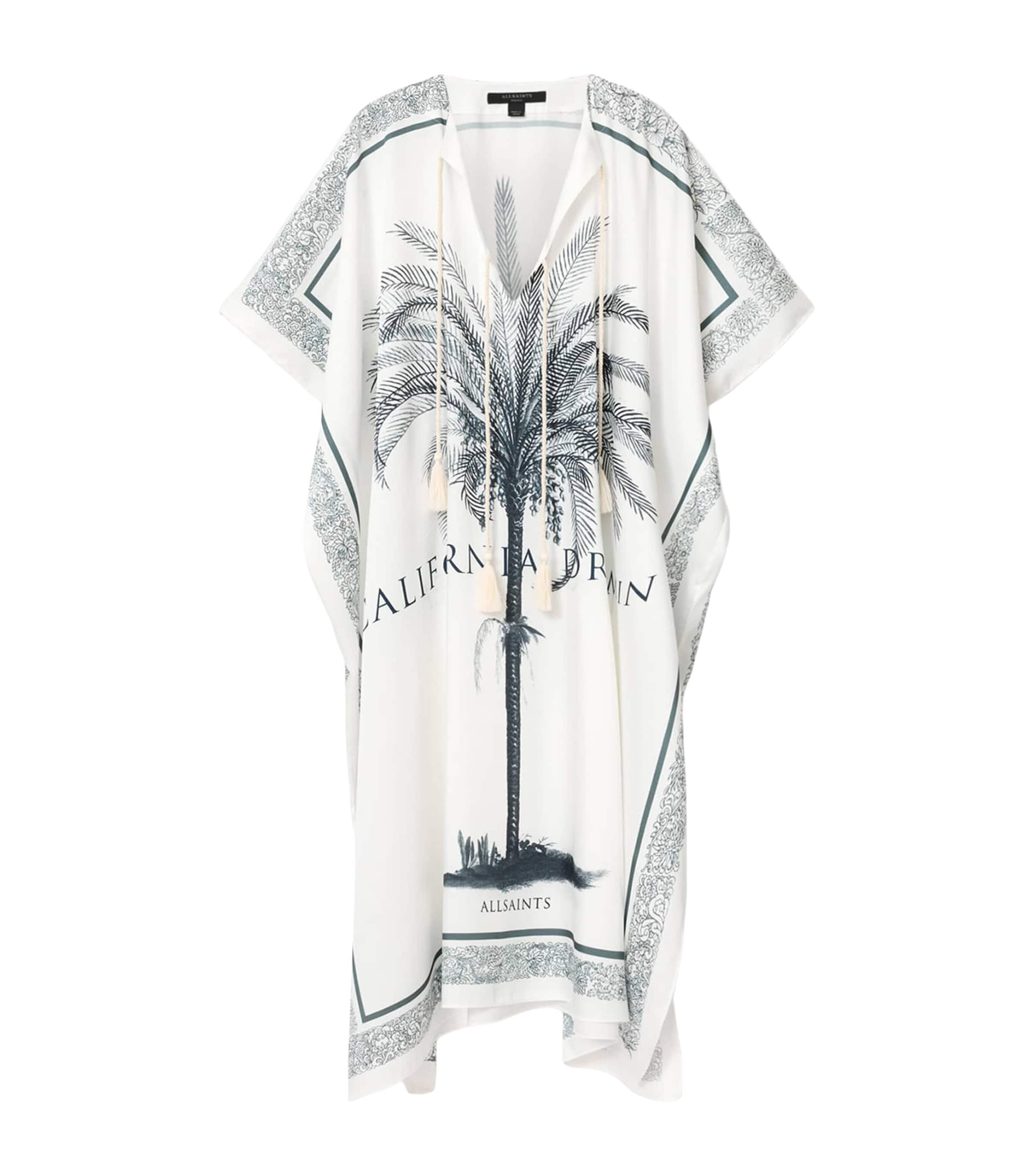AllSaints Womens Tassel Palm-Tree Kaftan Carala Ecru White