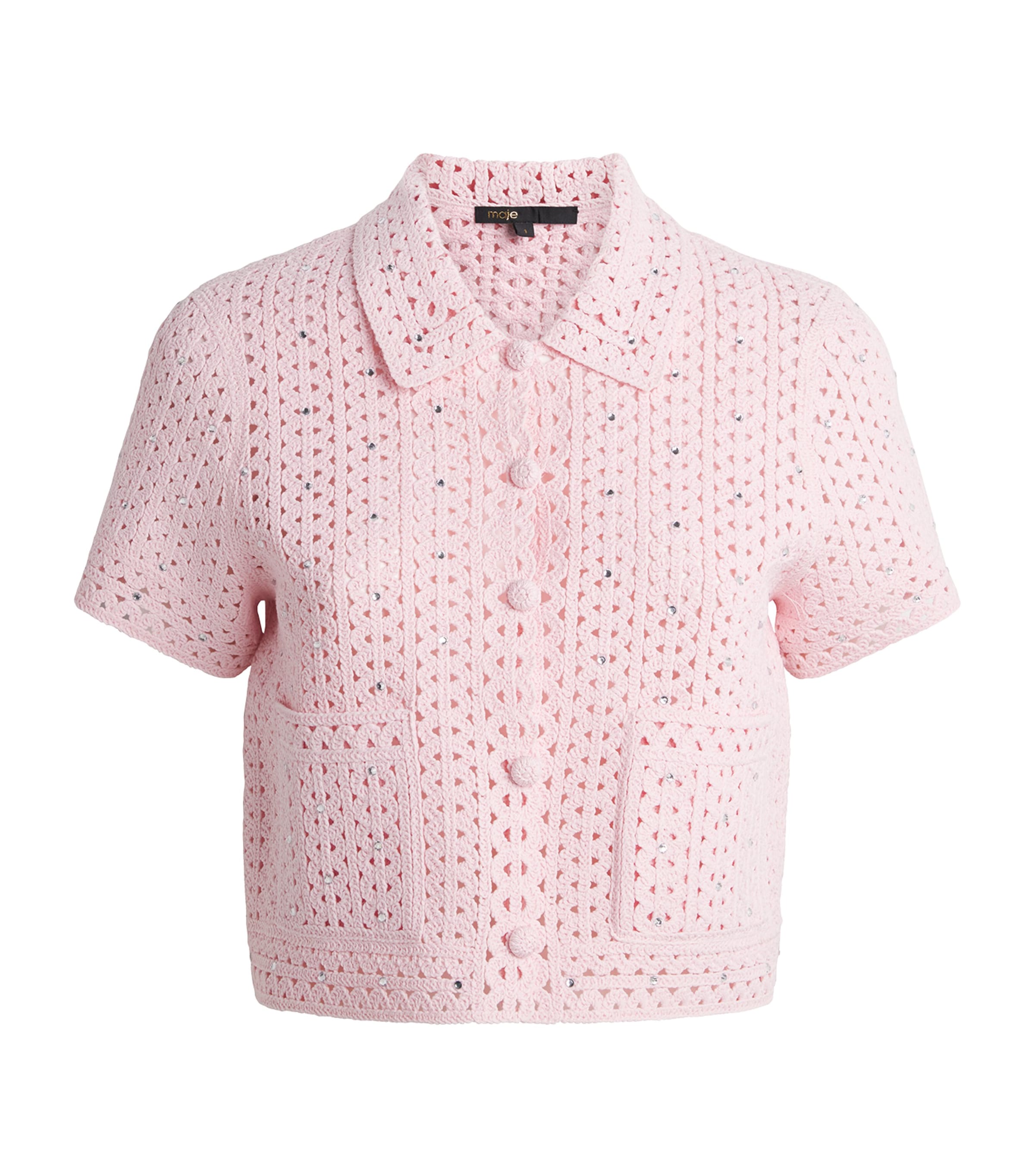 Maje Womens Openwork Embellished Cropped Cardigan Pink