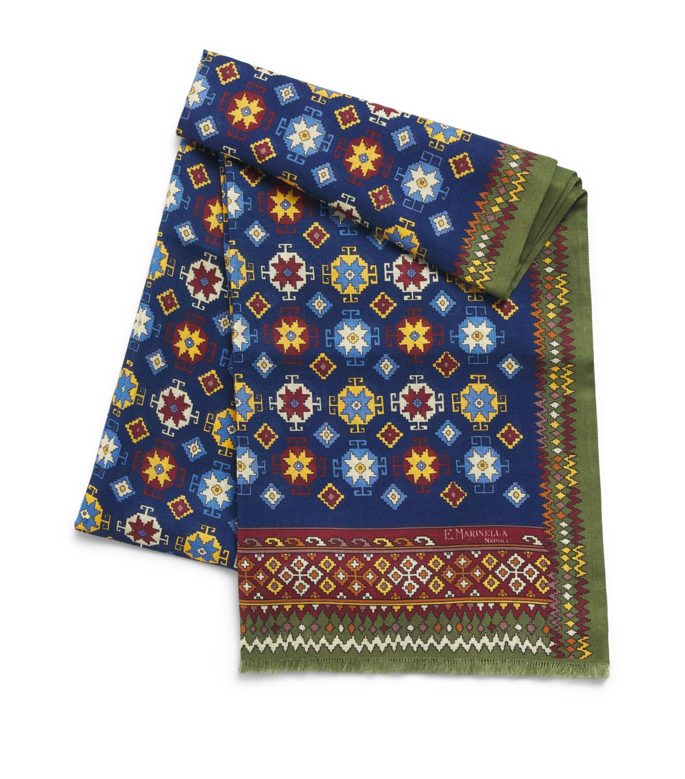 E. Marinella Wool-Silk Geometric Print Scarf Blue