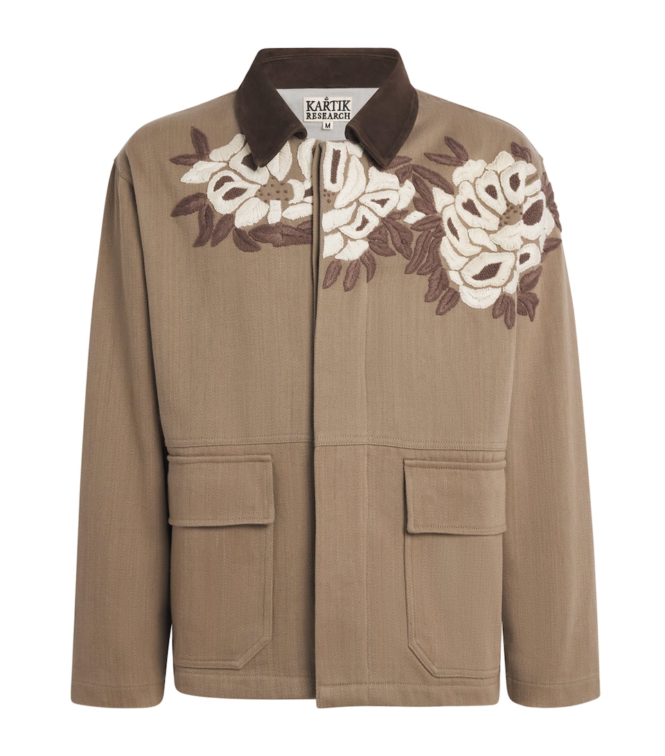 Kartik Research Mens Cotton-Suede Embroidered Jacket Beige/ Ecru/ Brown
