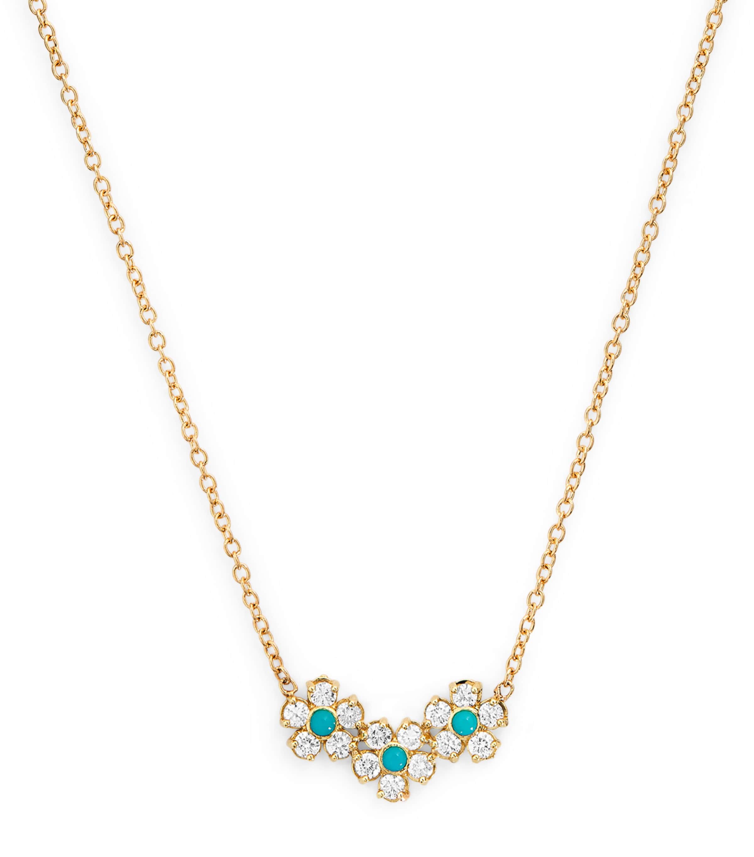 Mini Yellow Gold, Diamond and Turquoise Flower Necklace