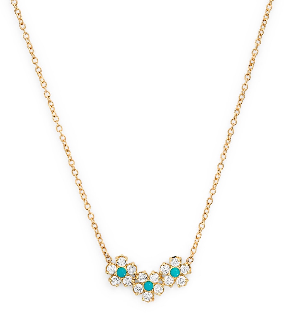 Mini Yellow Gold, Diamond and Turquoise Flower Necklace
