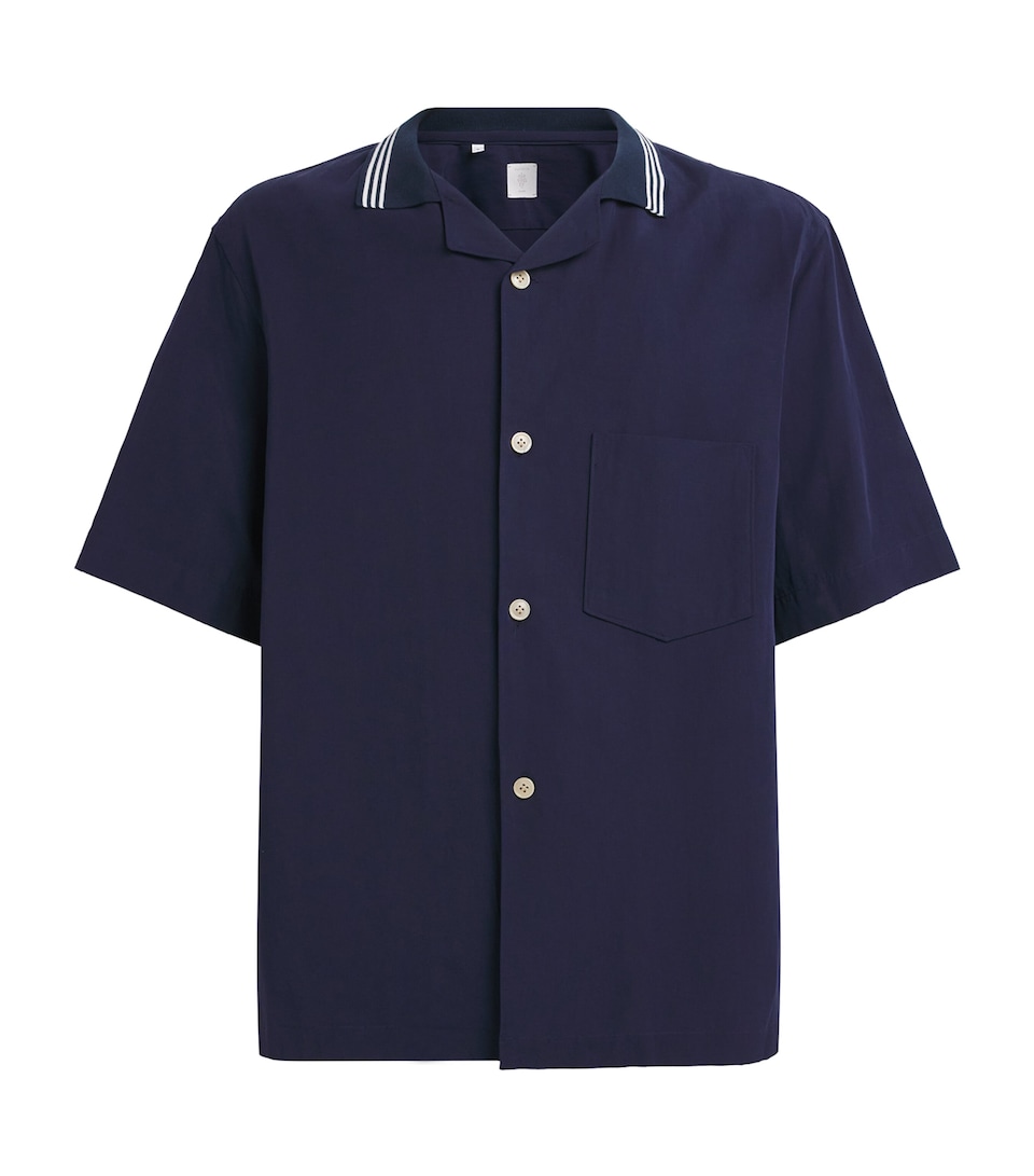 Eleventy Mens Stripe-Collar Bowling Shirt Blu
