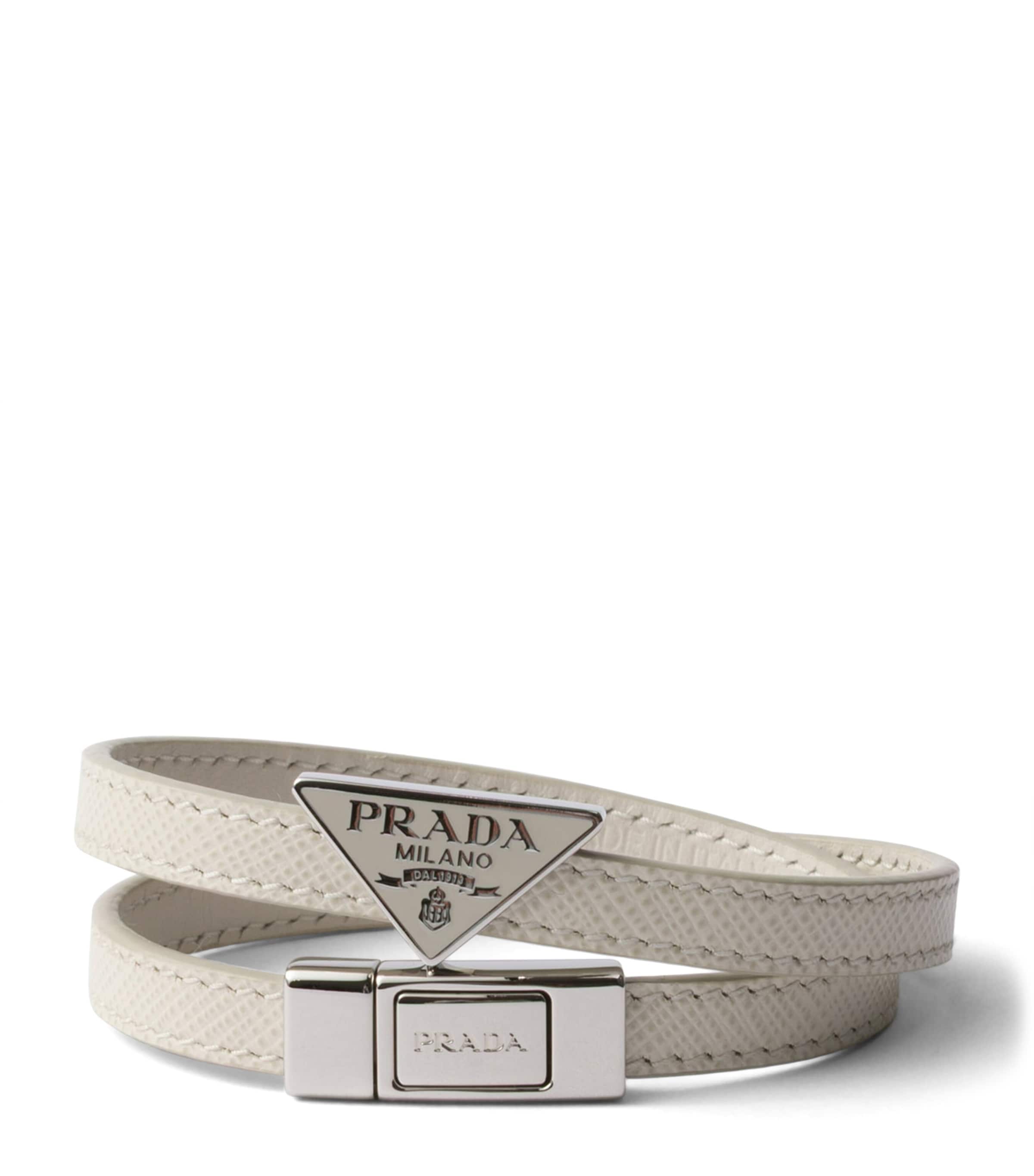 Prada Saffiano Leather Wrap Logo Bracelet Neutral
