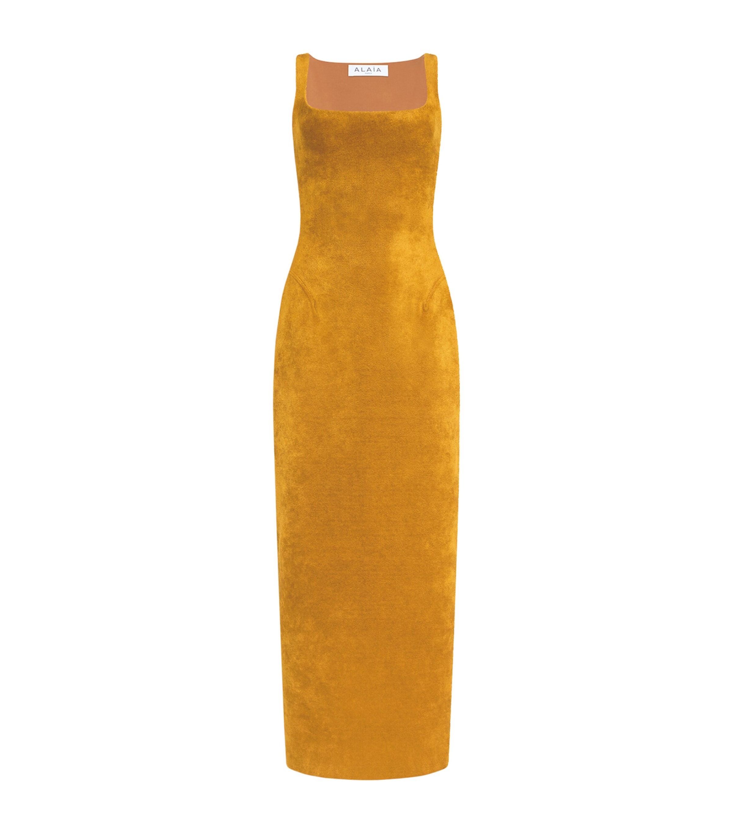 Alaïa Womens Velvet Square-Neck Midi Dress Ochre