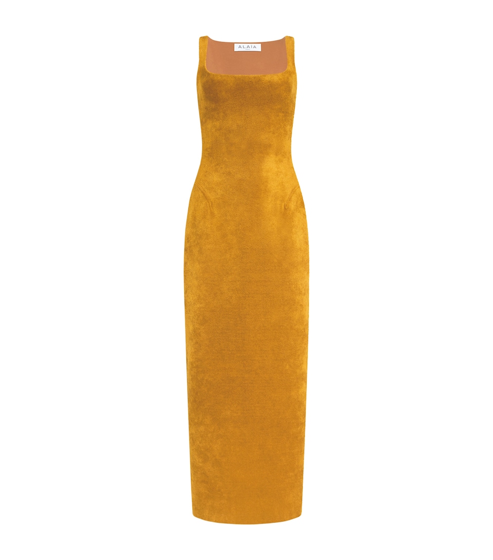 Alaïa Womens Velvet Square-Neck Midi Dress Ochre