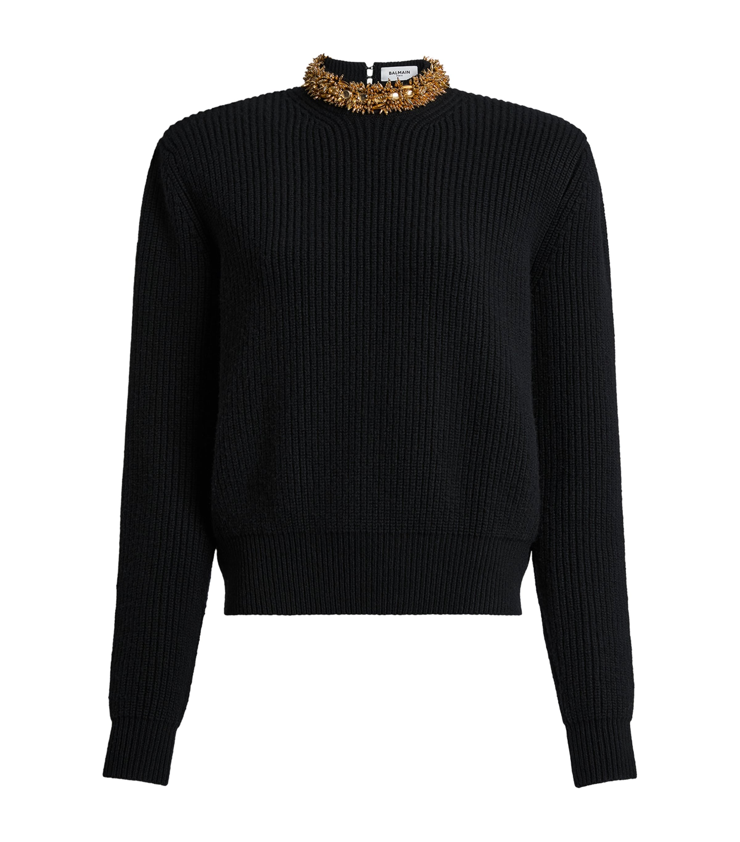 Balmain Womens Virgin Wool-Cashmere Embellished Sweater Noir