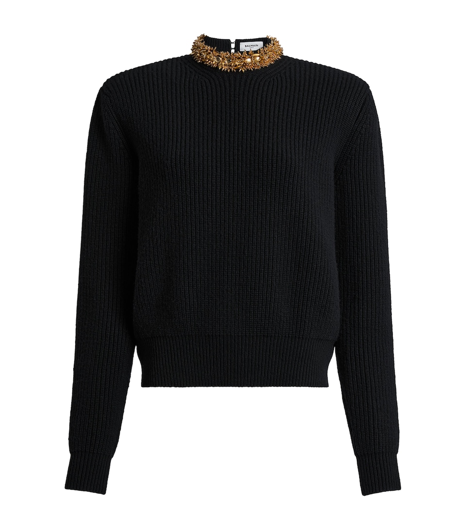 Balmain Womens Virgin Wool-Cashmere Embellished Sweater Noir