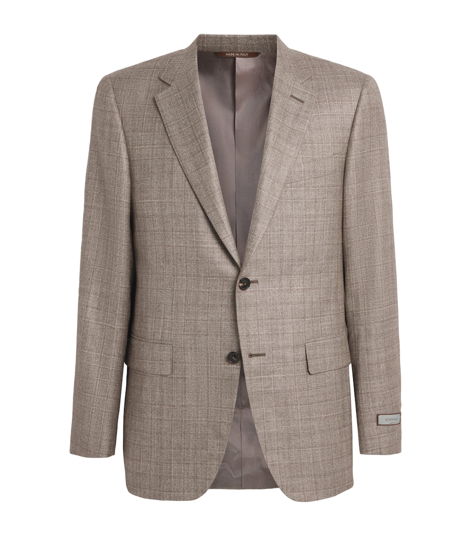 Canali Mens Silk-Cashmere Check Blazer Beige
