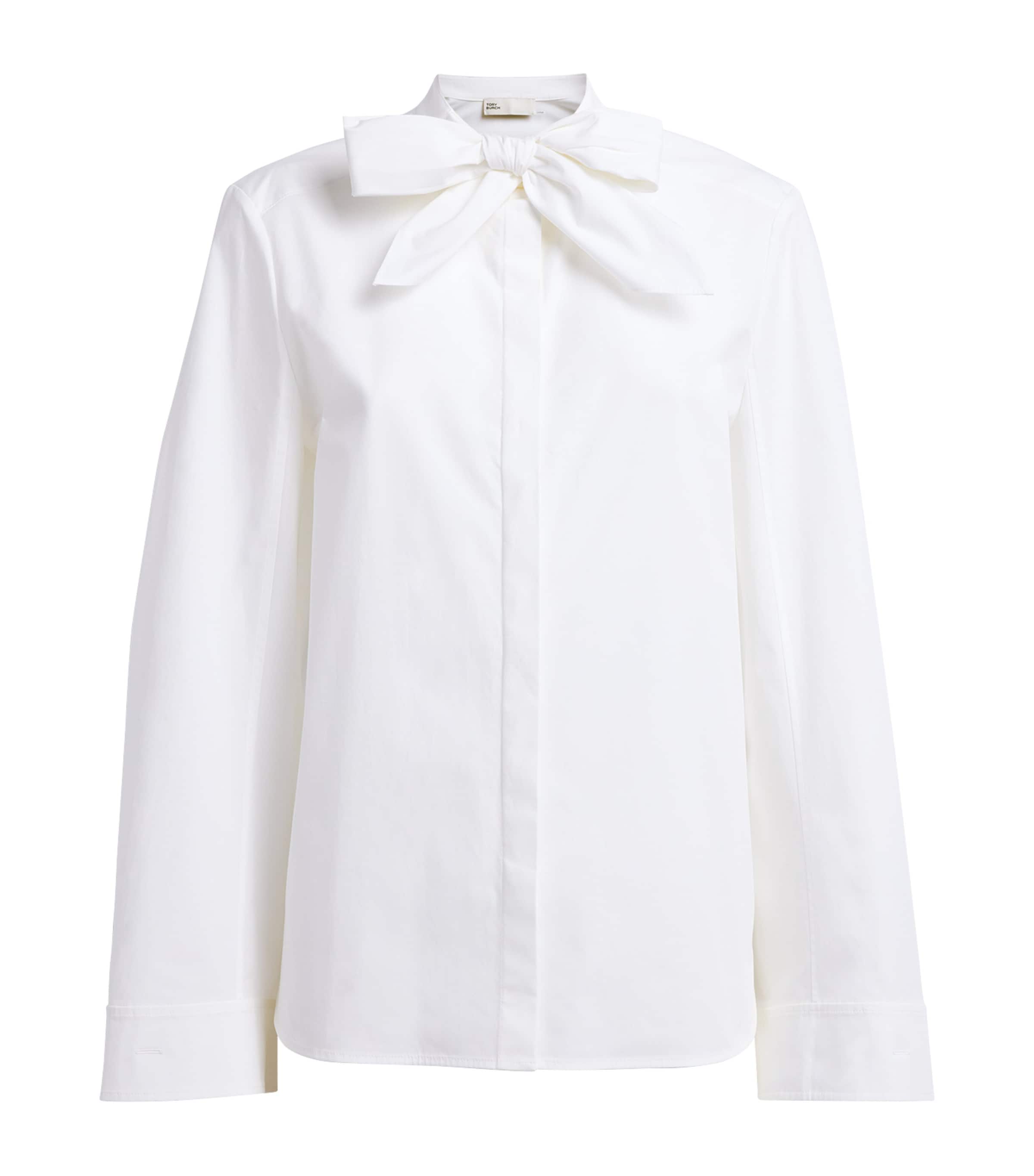 Tory Burch Womens Stretch-Cotton Bow Blouse White