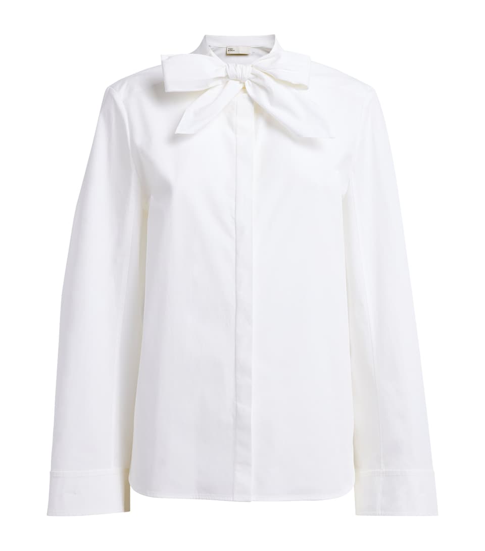 Tory Burch Womens Stretch-Cotton Bow Blouse White