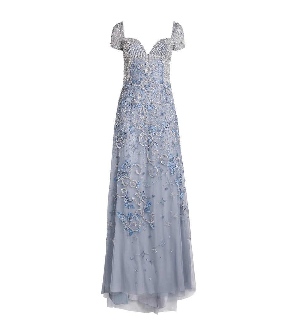 GEORGES HOBEIKA Womens Tulle Embellished Gown Blue Quarry