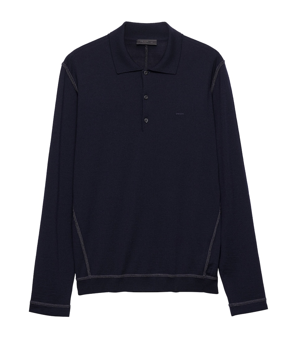 Prada Mens Wool Logo Polo Sweater Blue
