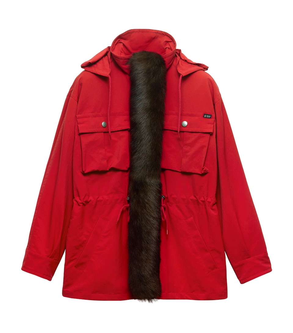 Prada Womens Technical Shearling-Trimmed Parka Red