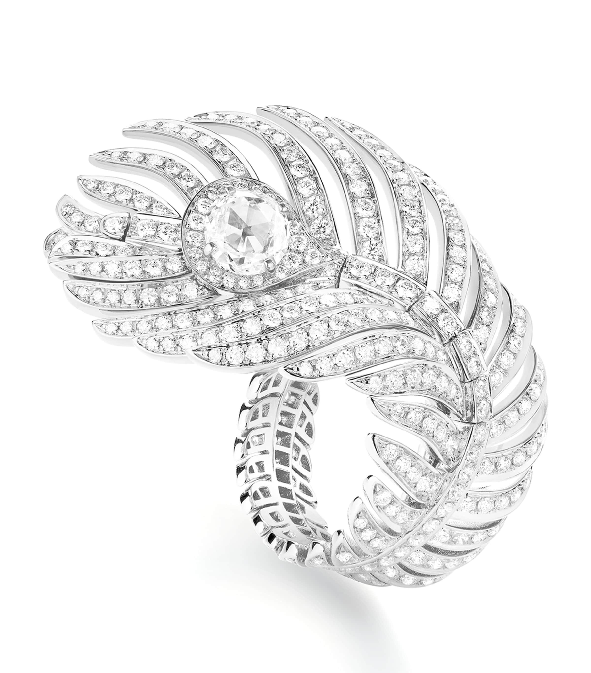 Large White Gold and Diamond Plume de Paon Ring