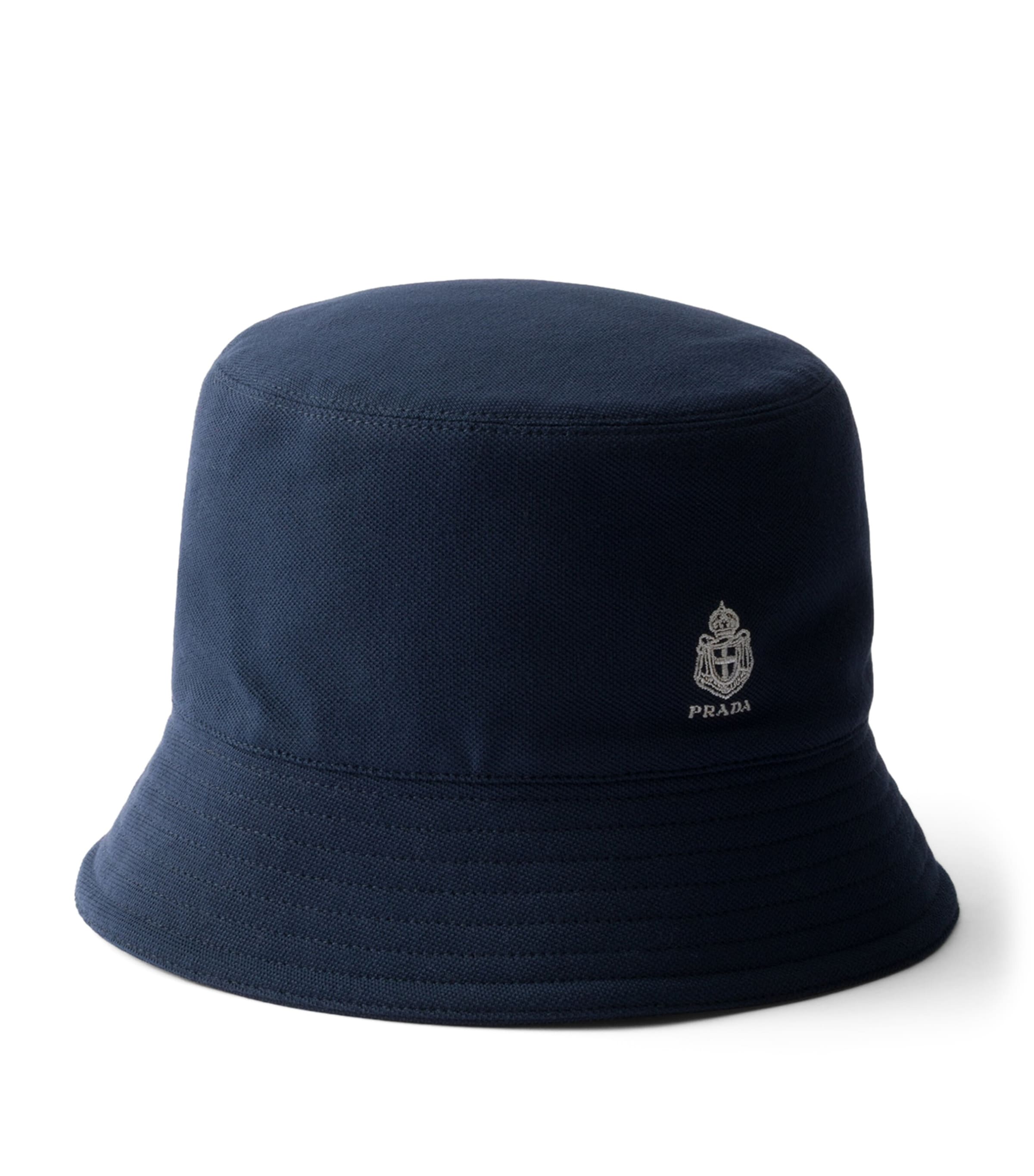 Prada Cotton Piqué Embroidered Bucket Hat Blue
