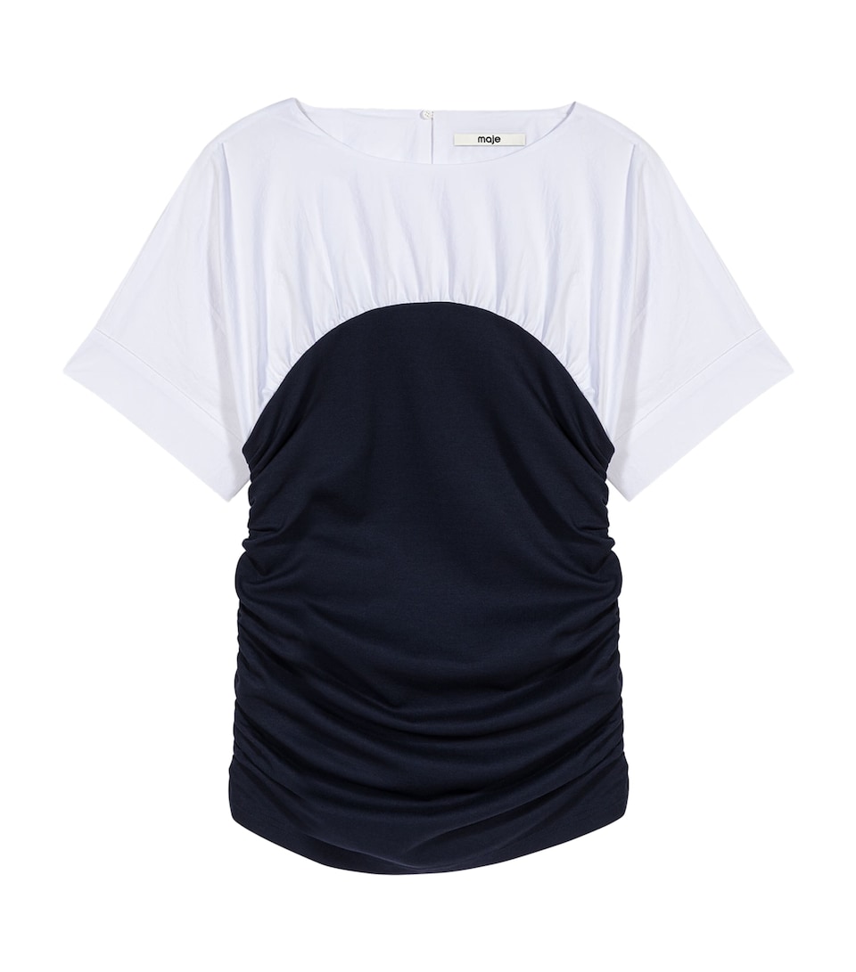 Maje Womens Cotton Gathered T-Shirt White/navy