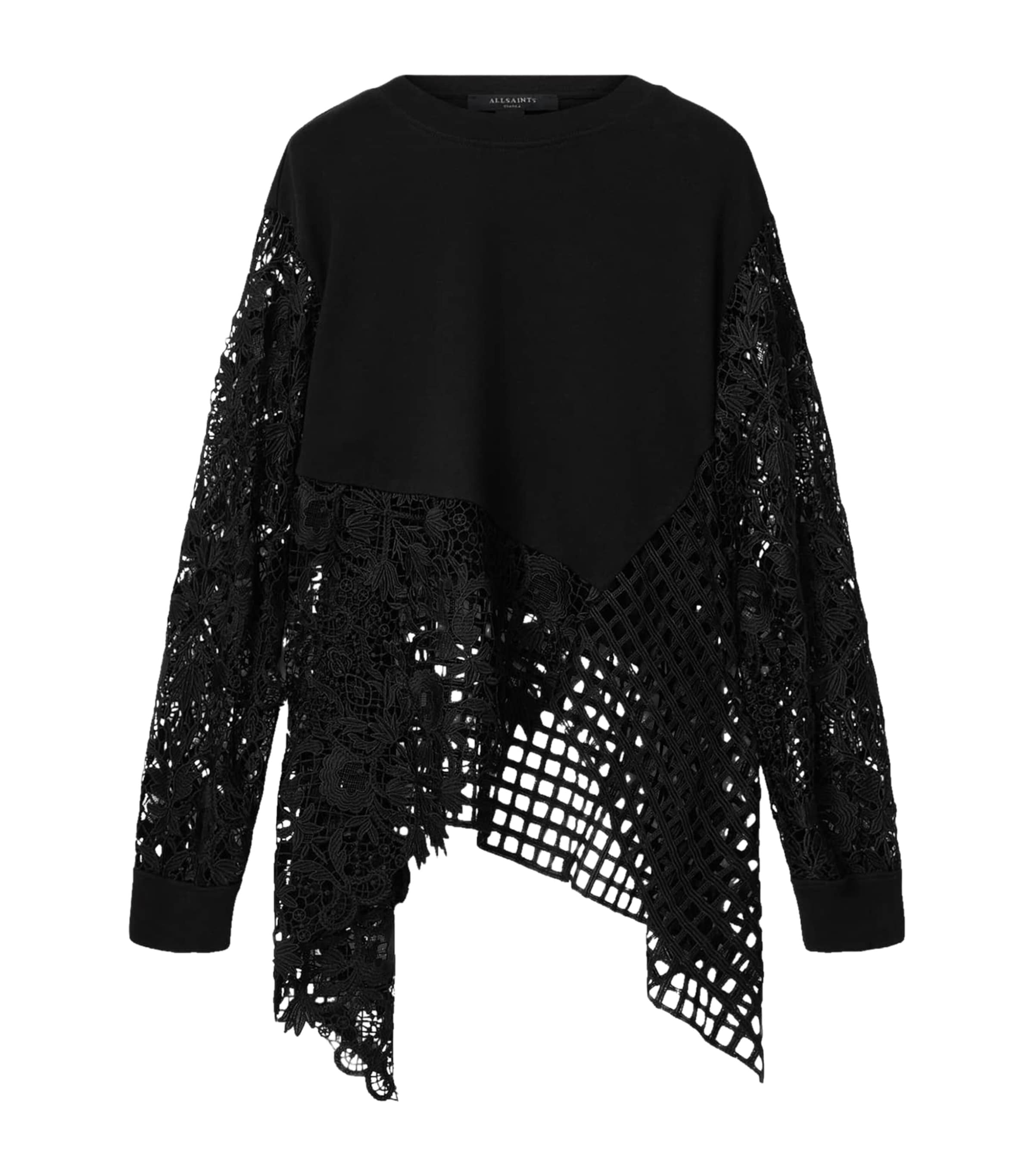 AllSaints Womens Organic Cotton Lace-Panel Malorie Sweatshirt Black