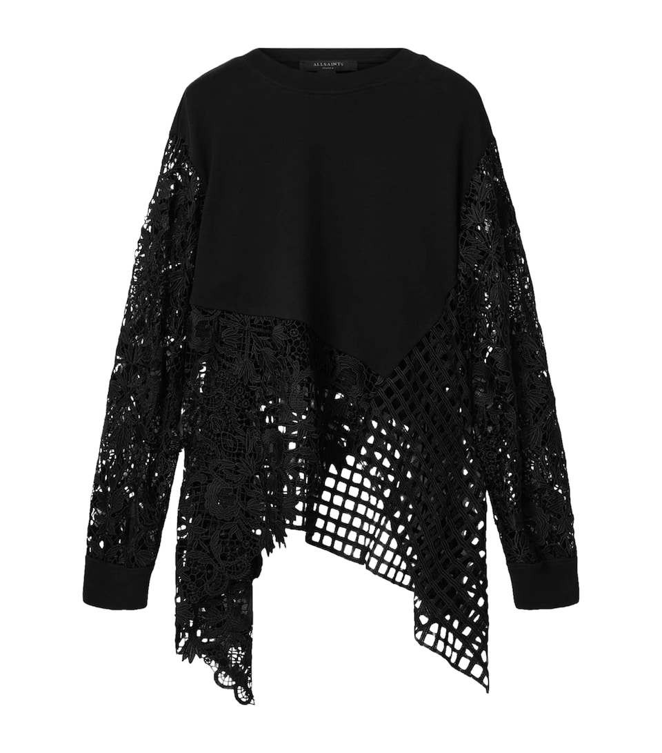 AllSaints Womens Organic Cotton Lace-Panel Malorie Sweatshirt Black