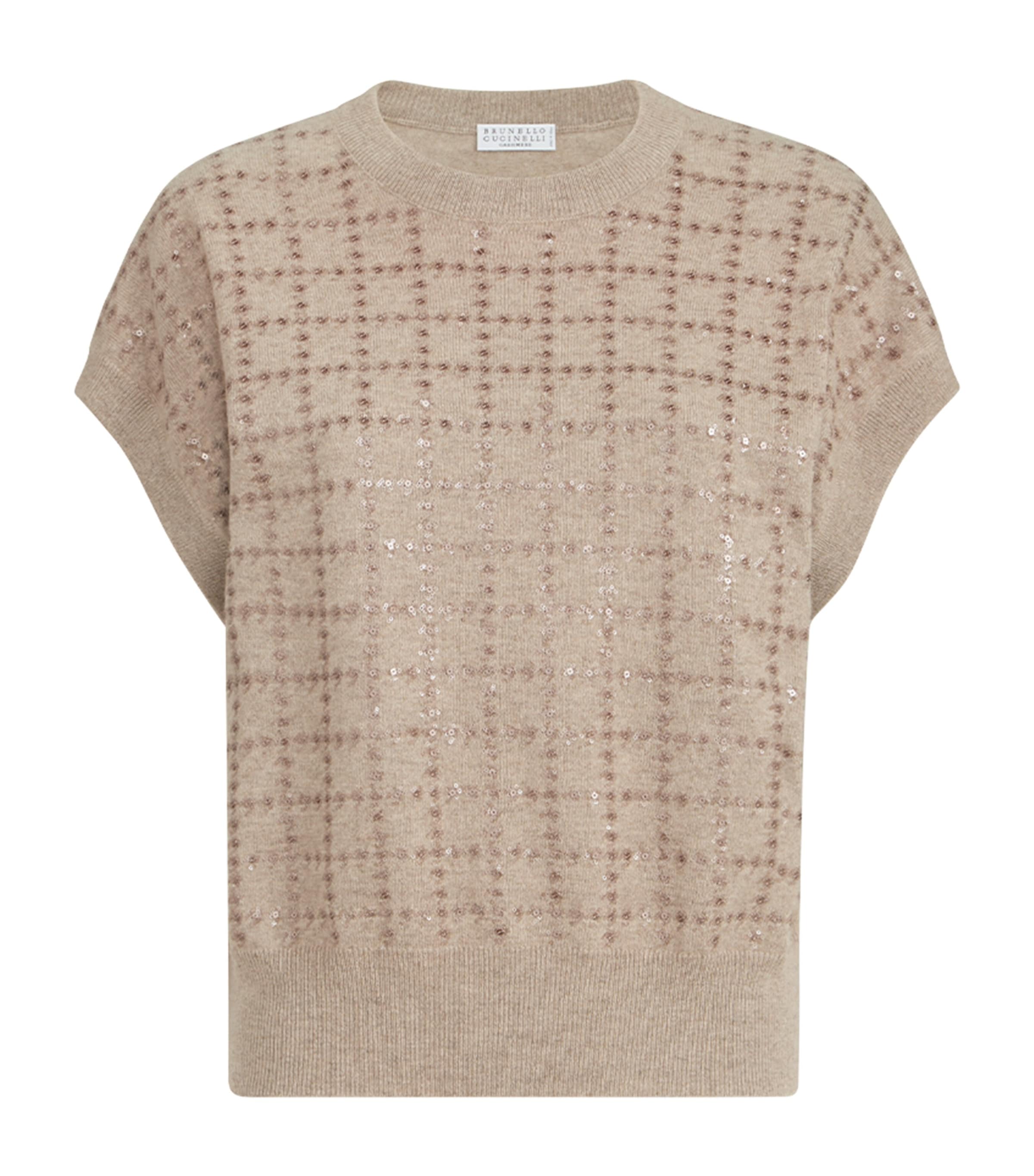 Brunello Cucinelli Womens Cashmere Sequin Check Knit T-Shirt Brown