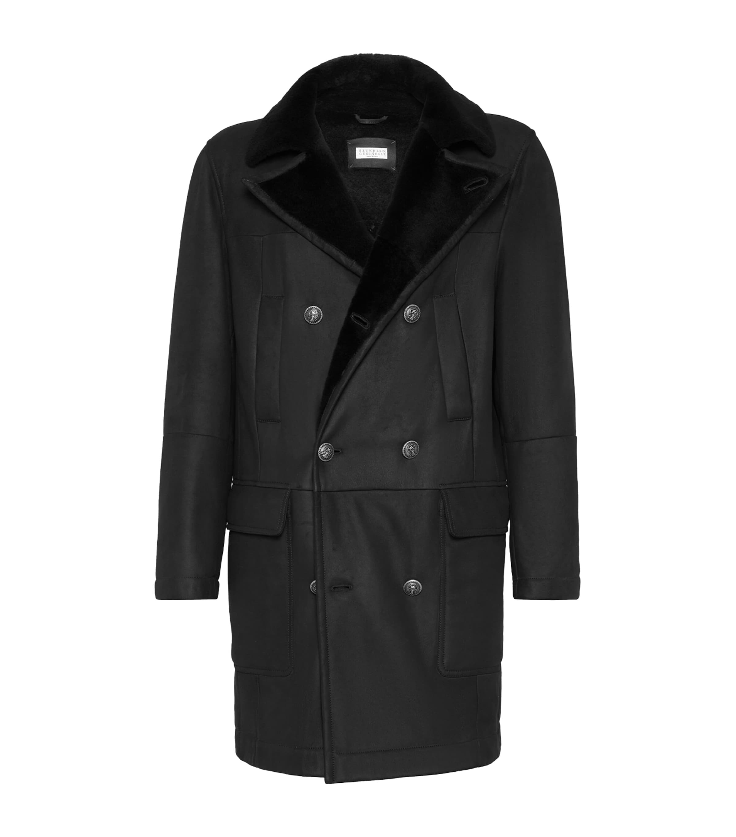 Suede Shearling-Trim Pea  Coat