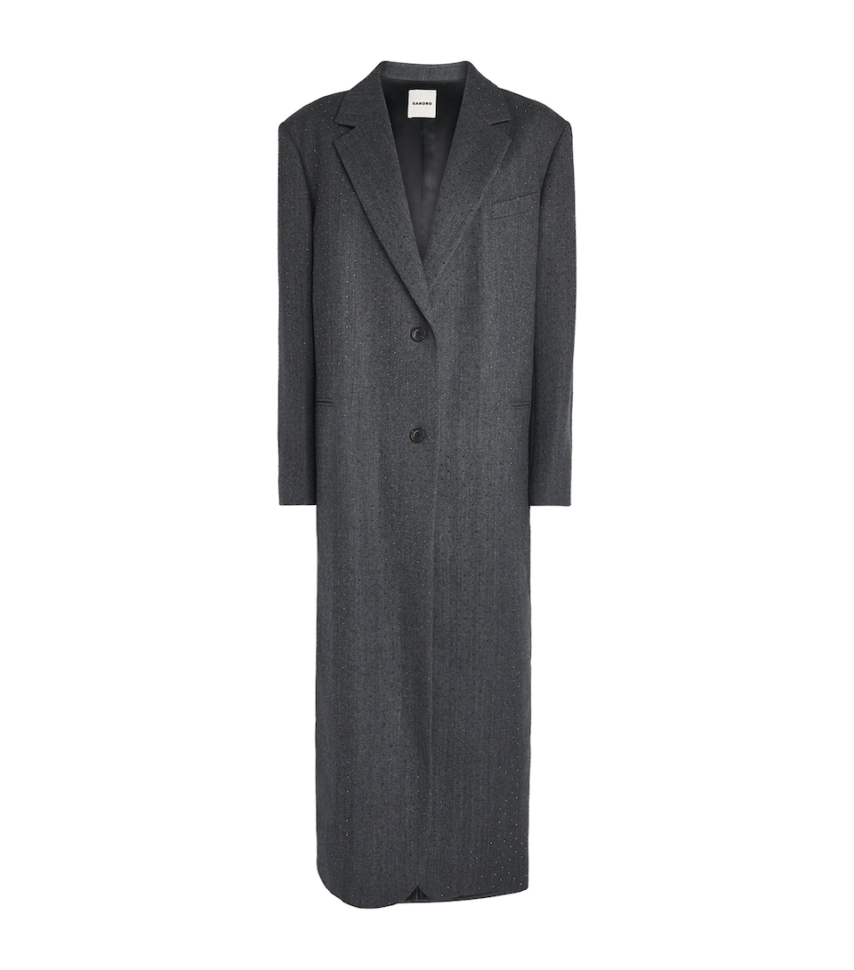 Sandro Paris Womens Wool Rhinestone Long Coat Dark Grey