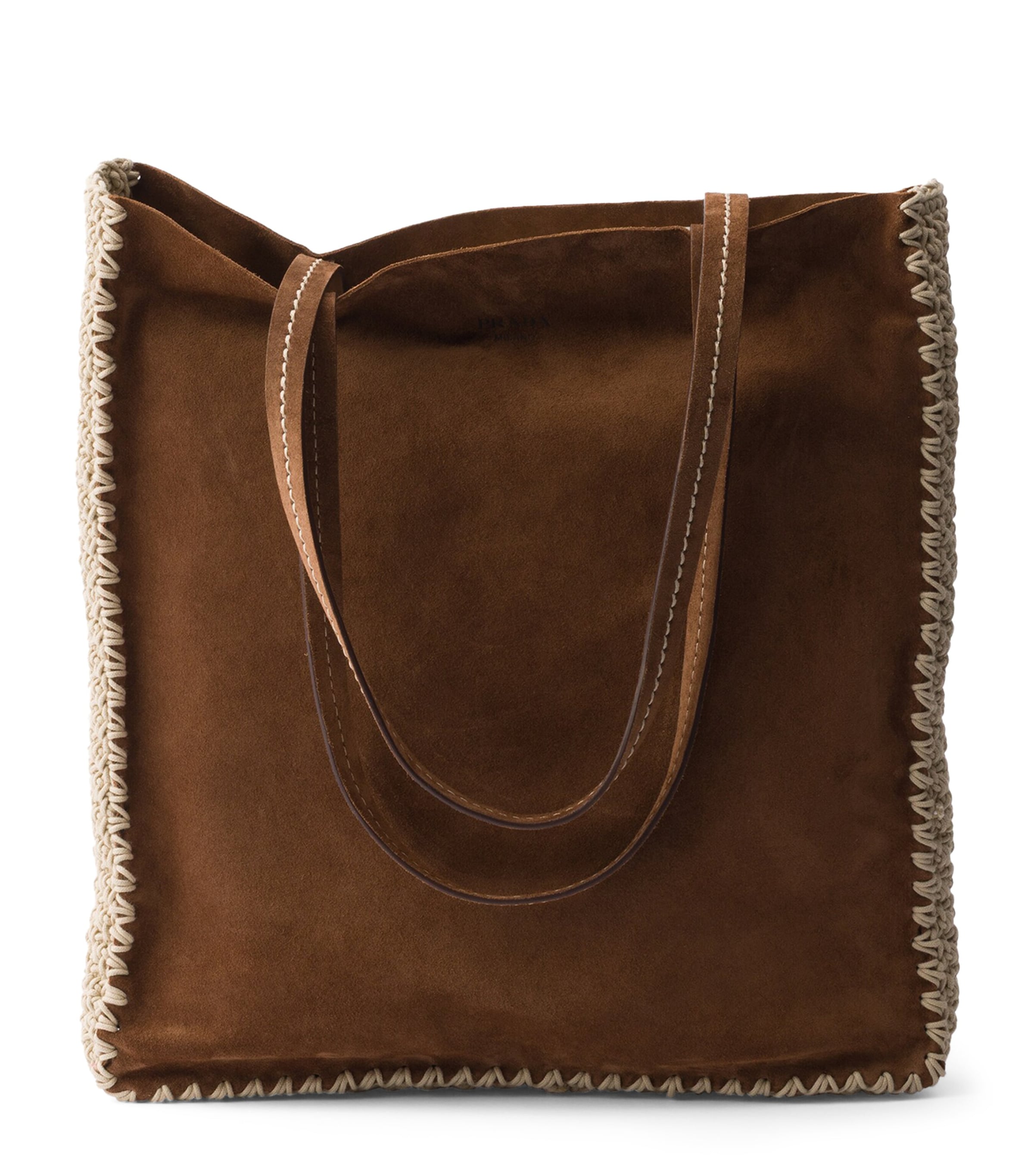 Prada Large Leather-Crochet Tote Bag Brown