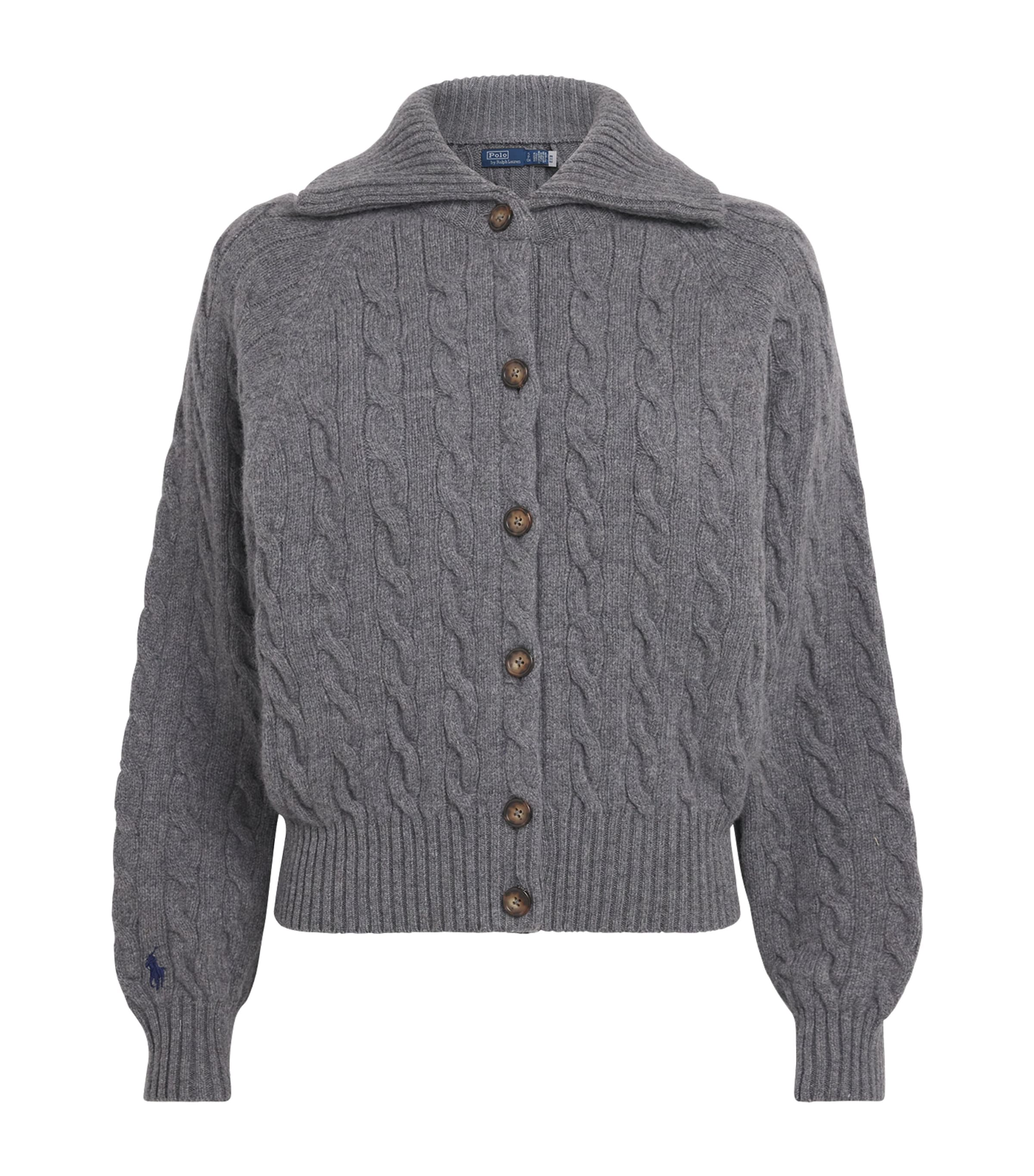 Polo Ralph Lauren Womens Wool-Cashmere Cable-Knit Cardigan Flannel Grey Heather