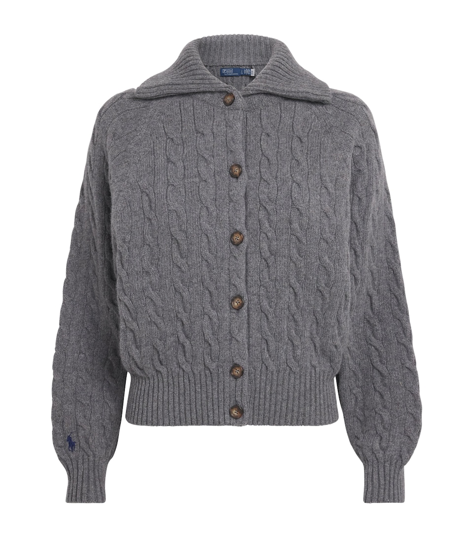 Polo Ralph Lauren Womens Wool-Cashmere Cable-Knit Cardigan Flannel Grey Heather