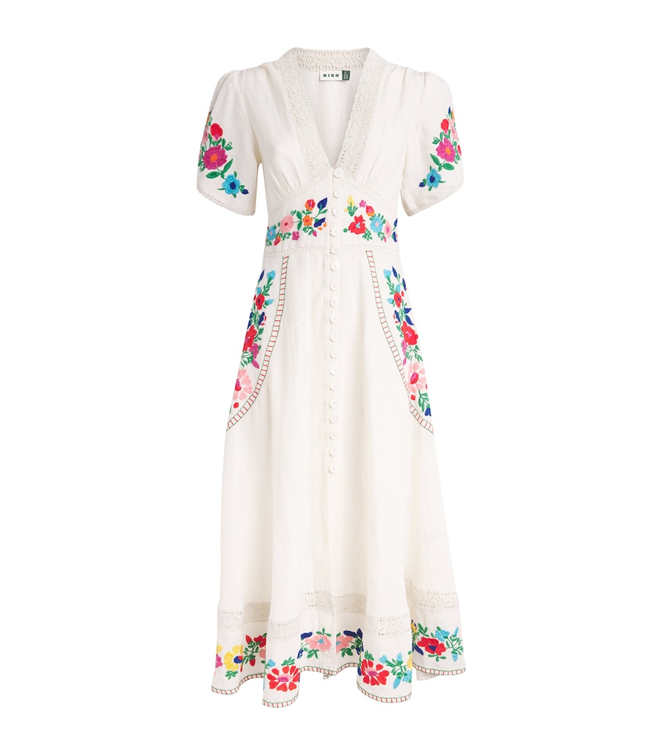Rixo Womens Linen-Blend Embroidered Novara Midi Dress Anemone Embrd Cream