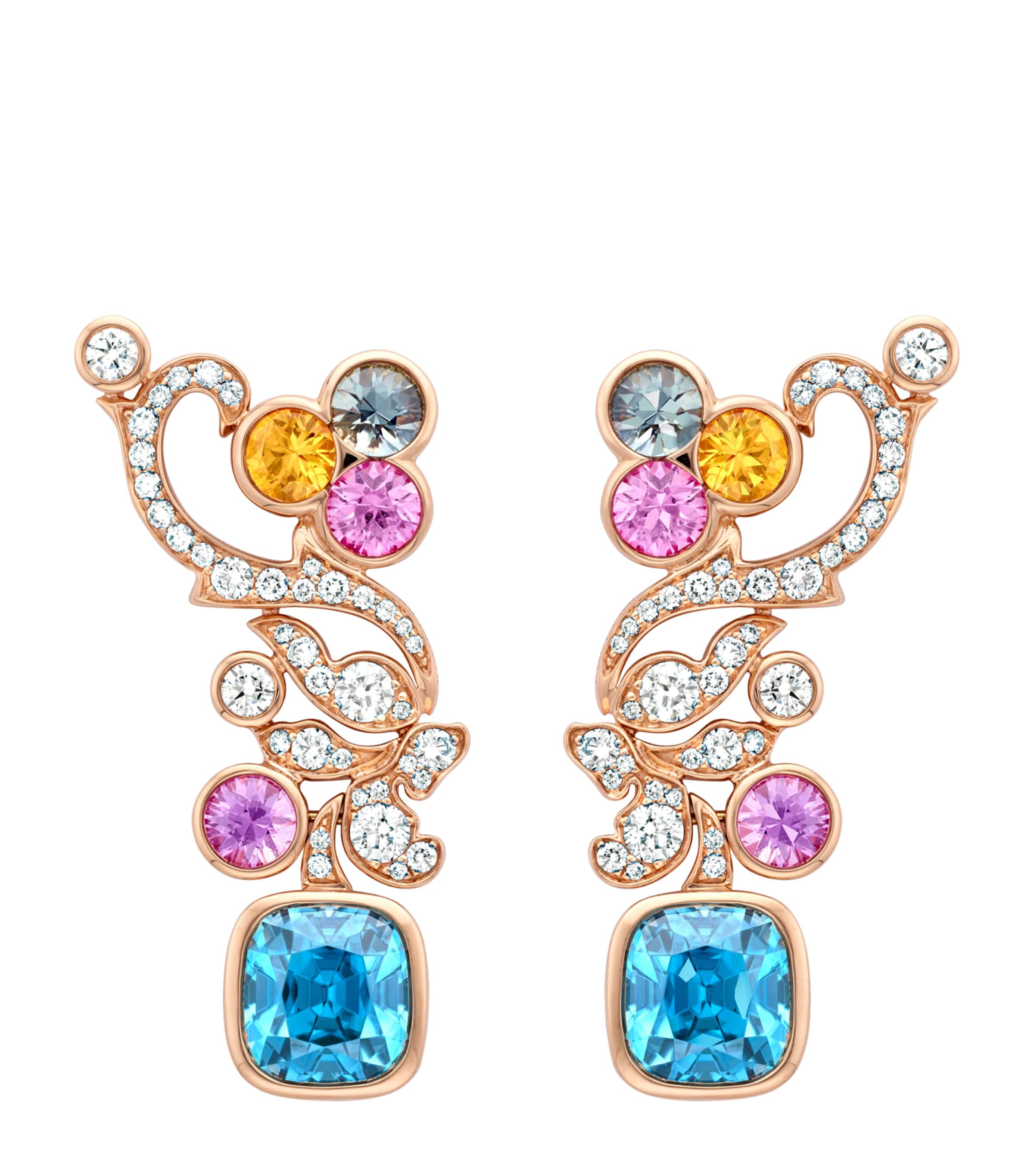 Boodles Rose Gold, Diamond, Sapphire and Zircon The Palace Collection Royal Damask Earrings Blue