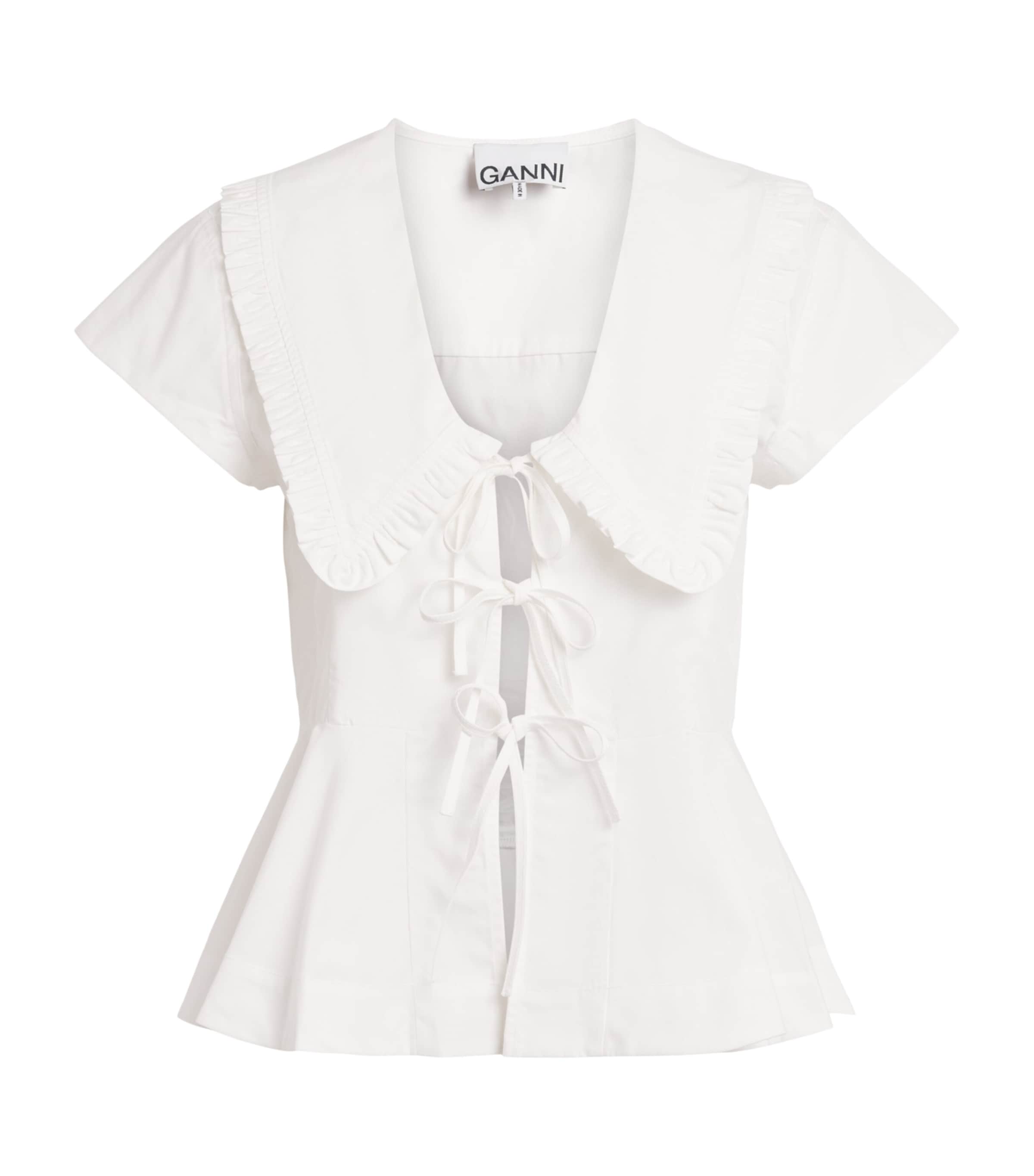 GANNI Womens Cotton Bow-Detail Peplum Blouse Bright White