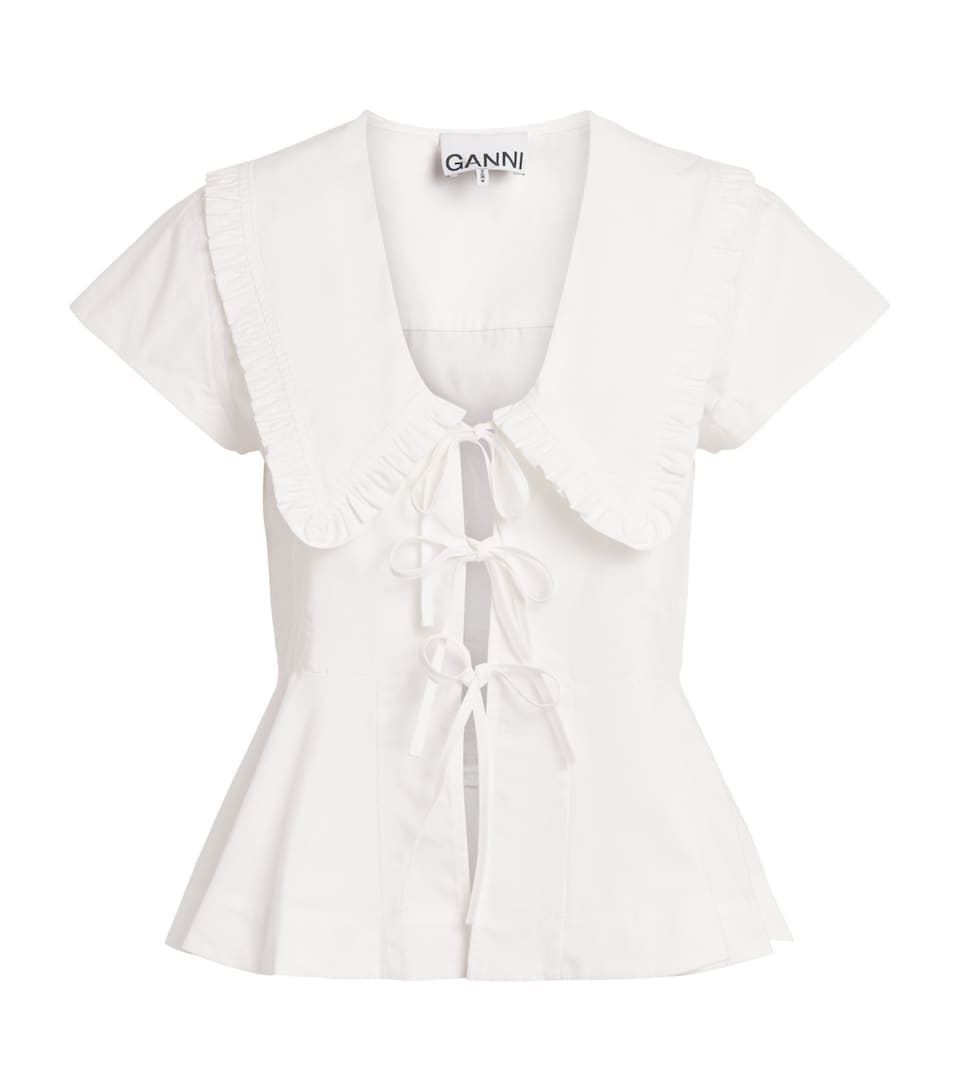 GANNI Womens Cotton Bow-Detail Peplum Blouse Bright White