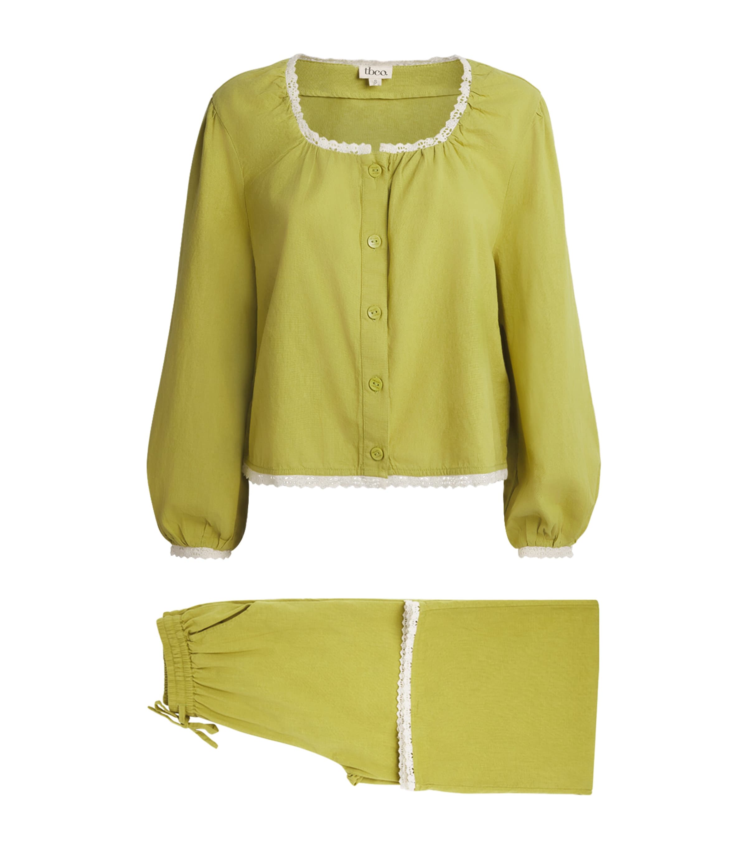 TBCO Womens Cotton-Linen Lace-Trim Pyjama Set Green Trim