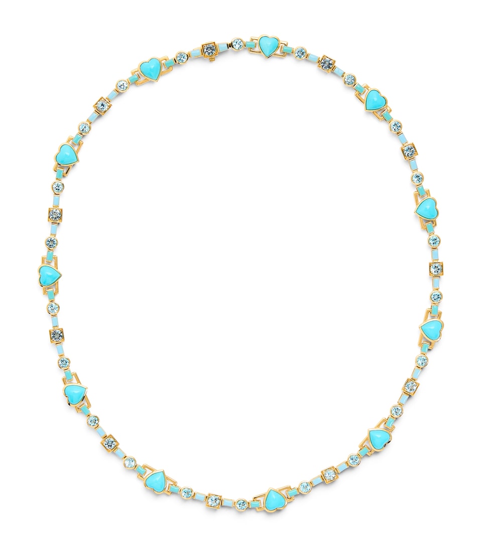 Yellow Gold, Turquoise and Topaz Blue Heart Choker