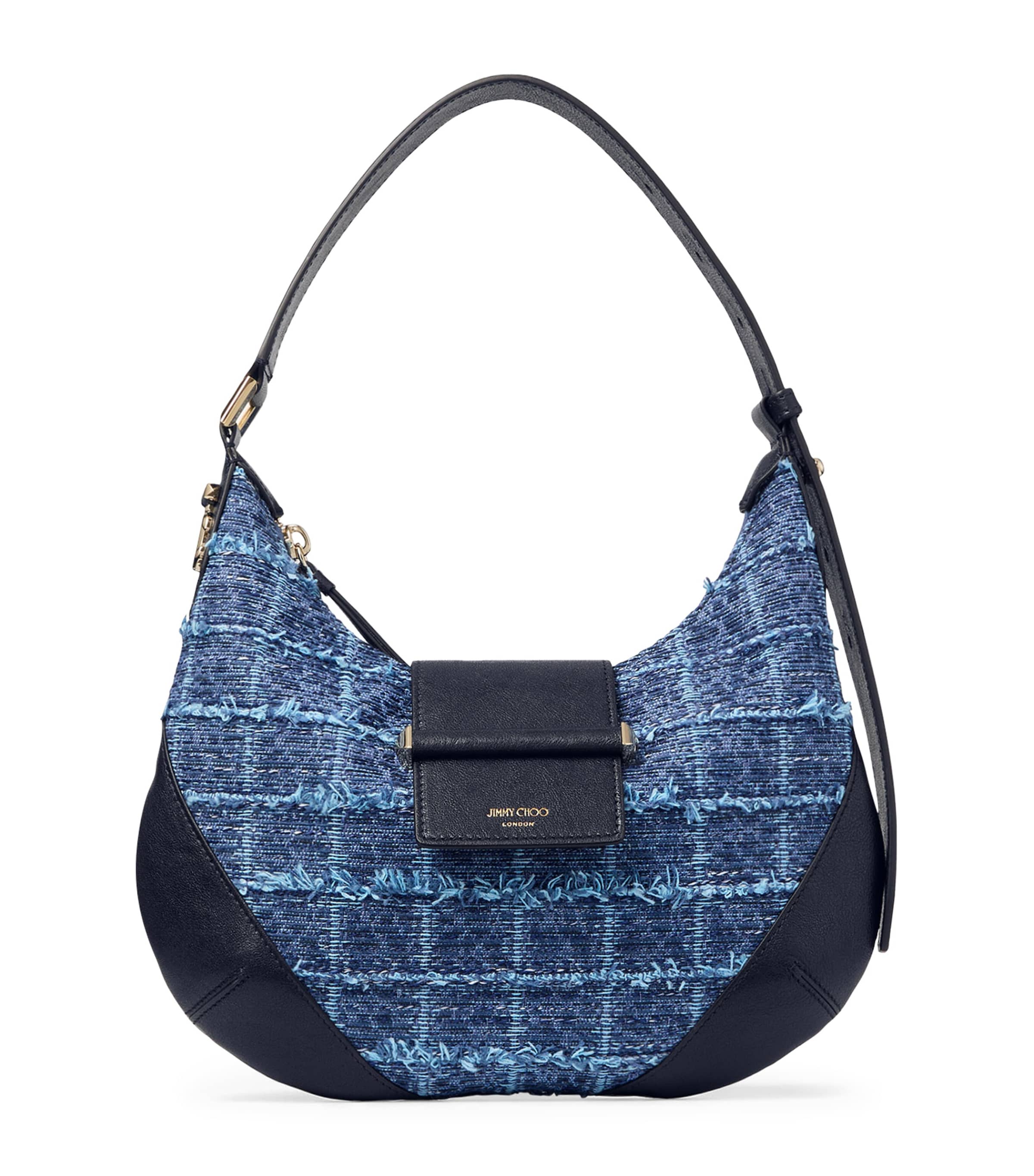 Jimmy Choo Leather-Denim Bar Shoulder Bag Denim Grid/marine/sh