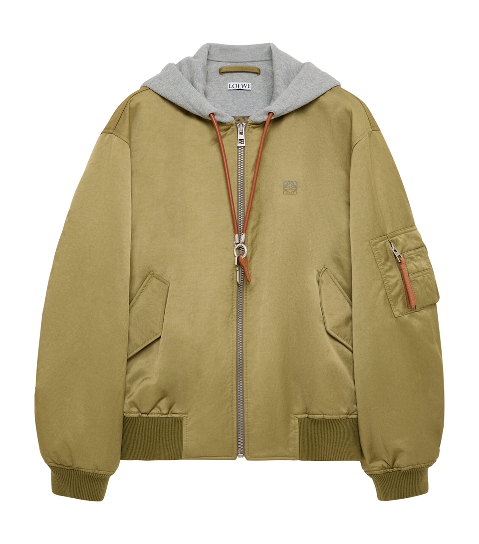 LOEWE Mens Anagram Hooded Bomber Jacket Khaki Green
