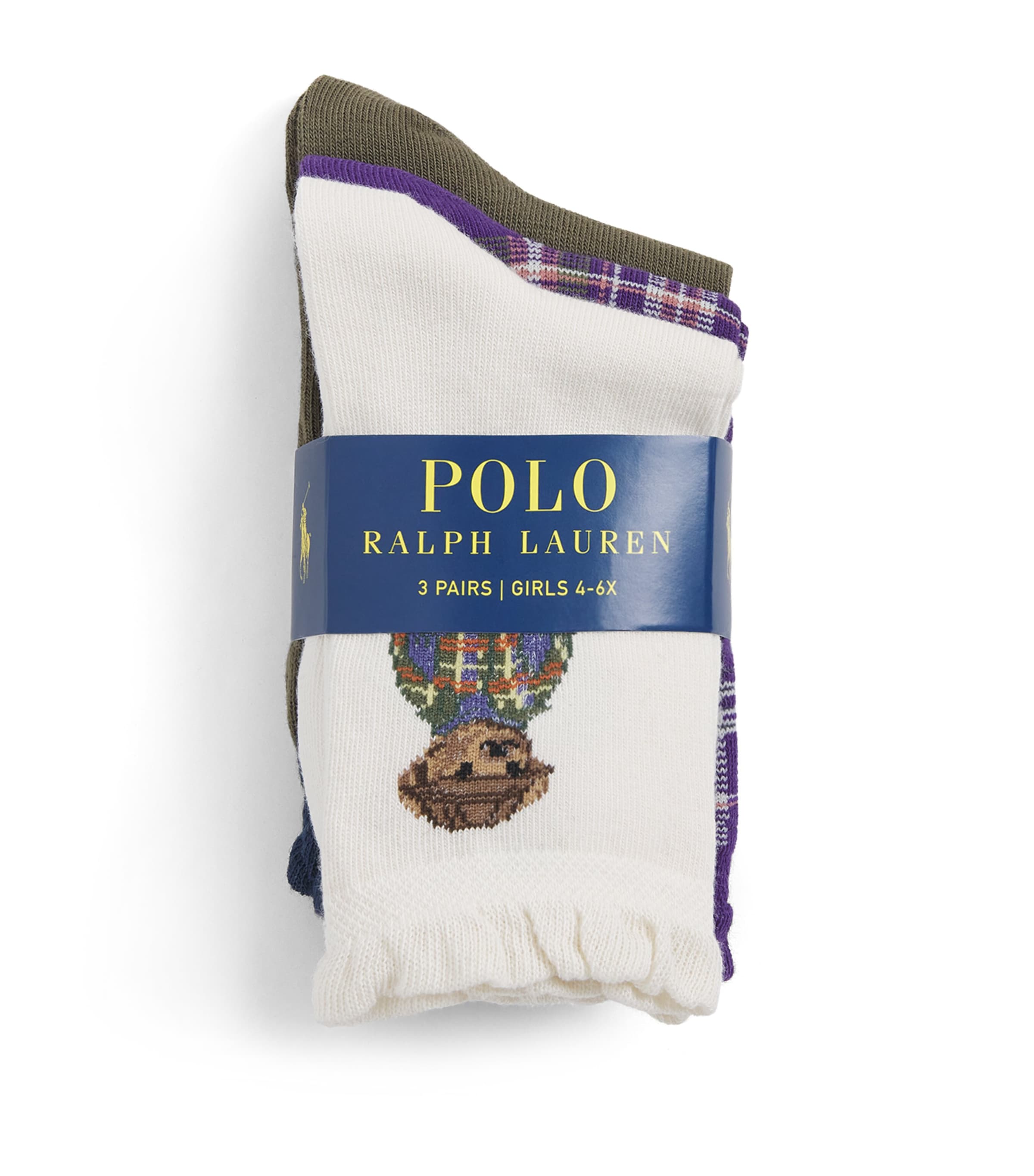 Ralph Lauren Kids Polo Bear Crew Socks (Pack of 3) Ivory/purple/olive